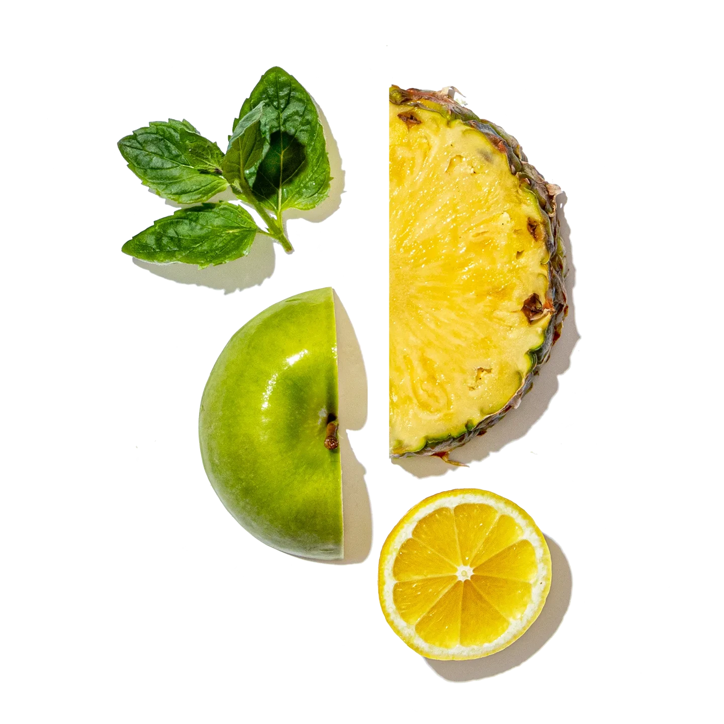 Pineapple, lime, lemon, and mint leaves on a transparent background