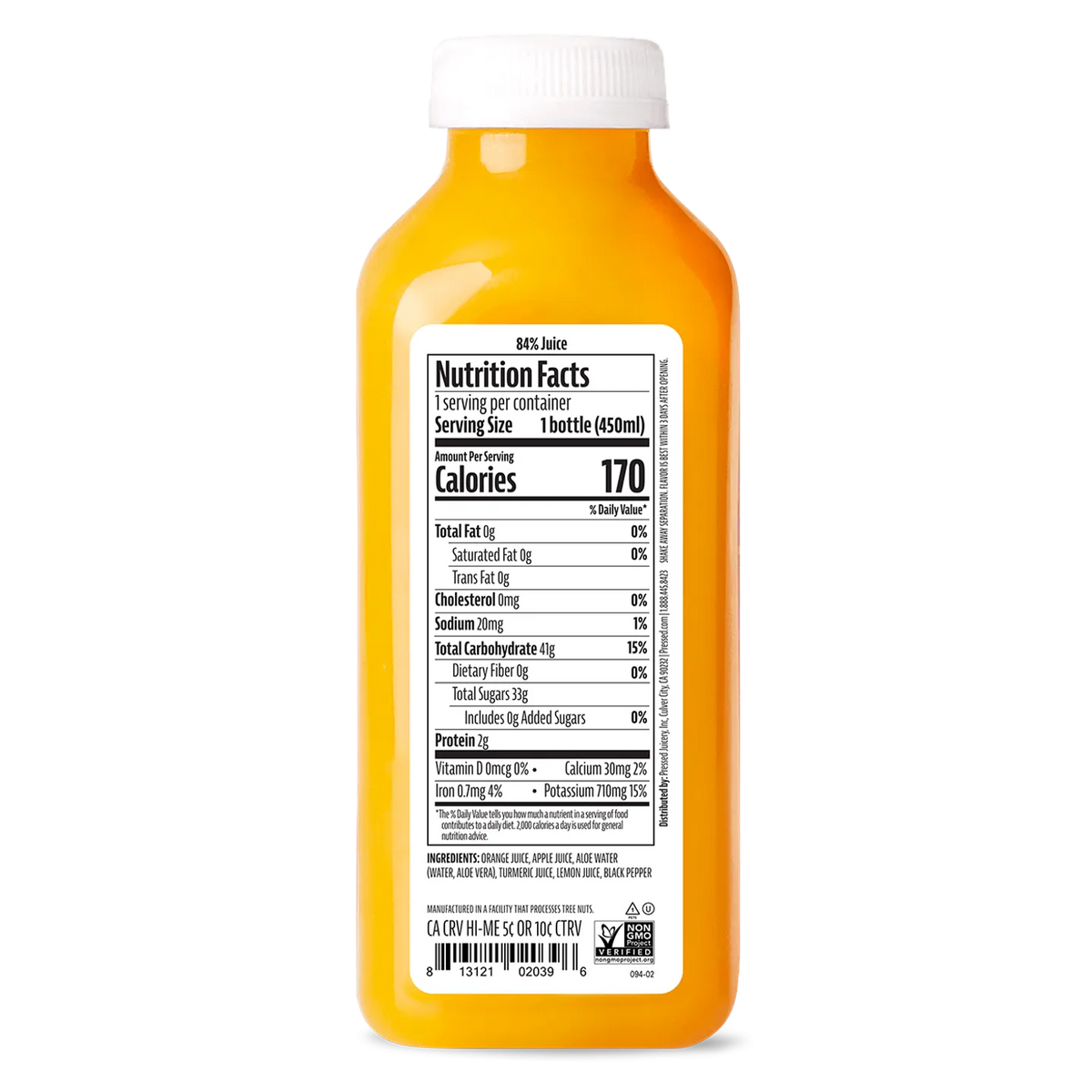 Orange juice bottle with nutrition label on a white background