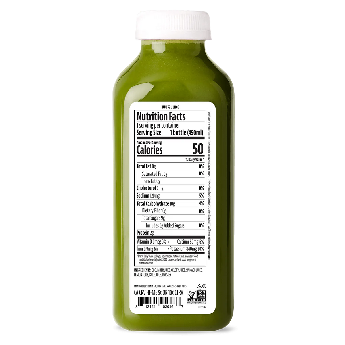 Green juice bottle with a nutrition facts label on a white background