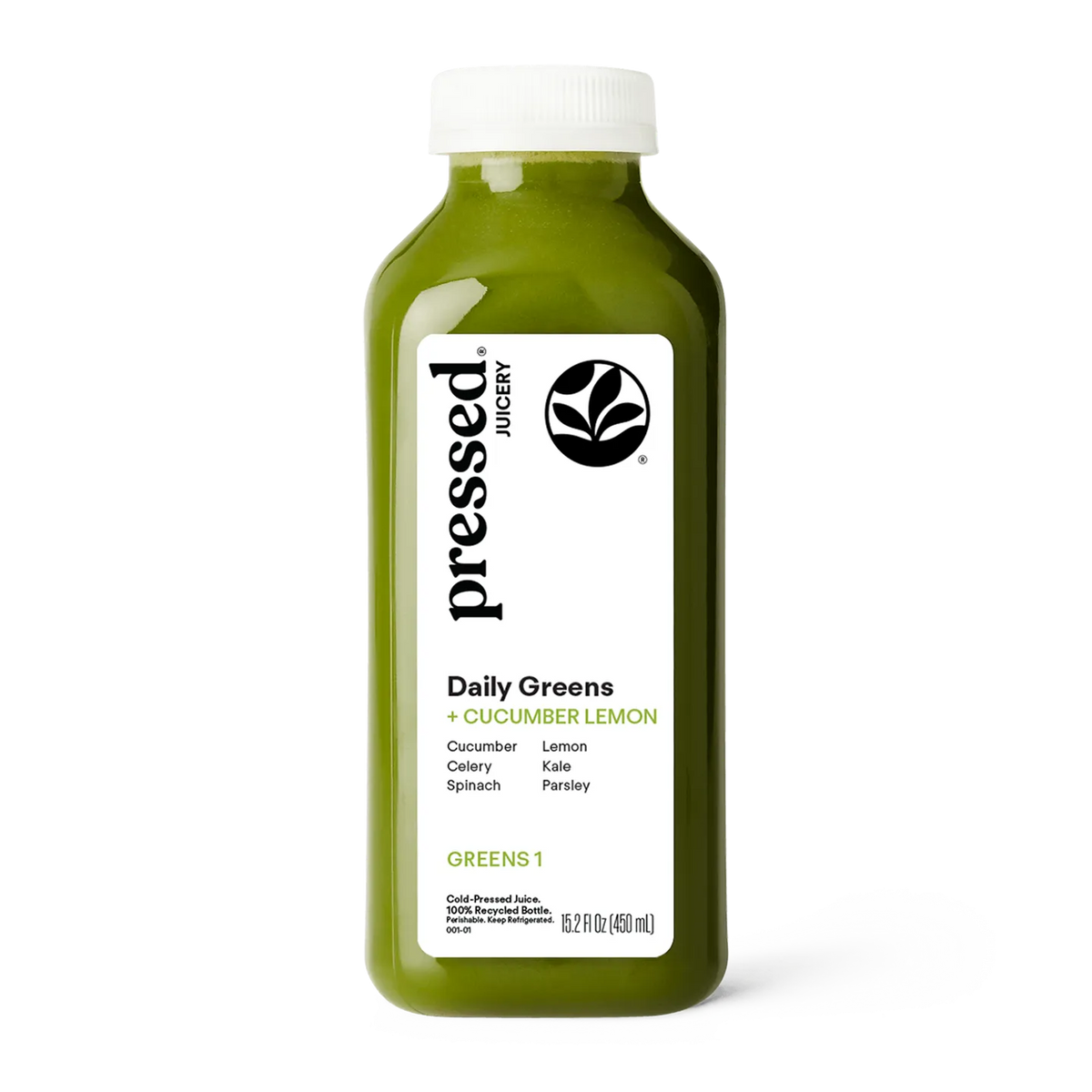 Bottle of 'Pressed Juicery' Daily Greens juice with a white label on a white background