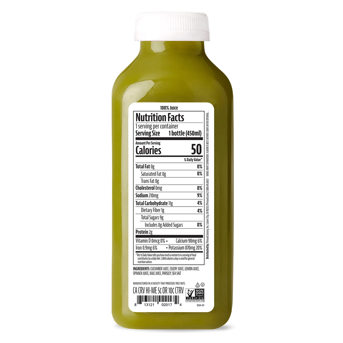 Bottle of juice with a nutrition facts label on a white background