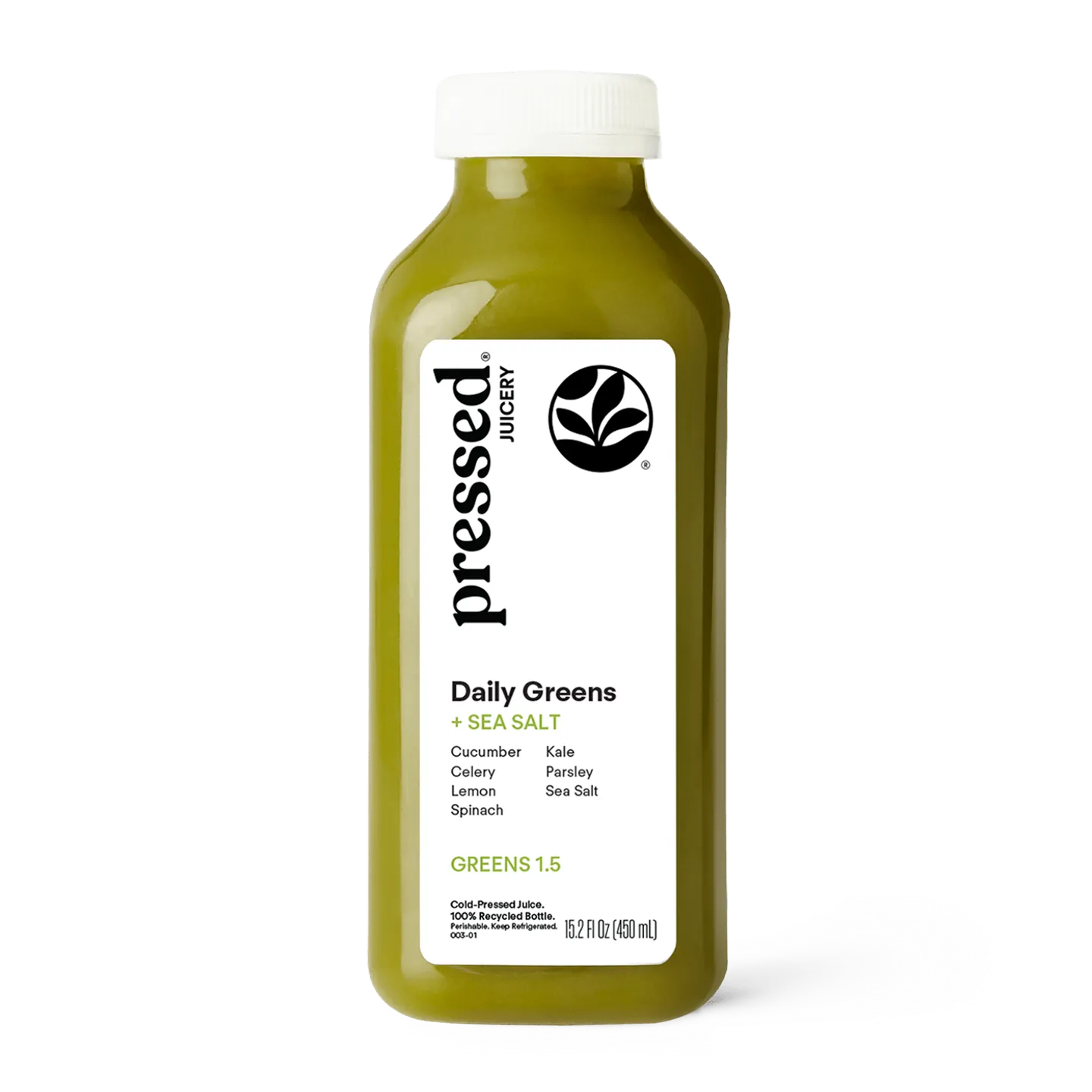 Bottle of 'pressed' Daily Greens juice with a white label on a white background
