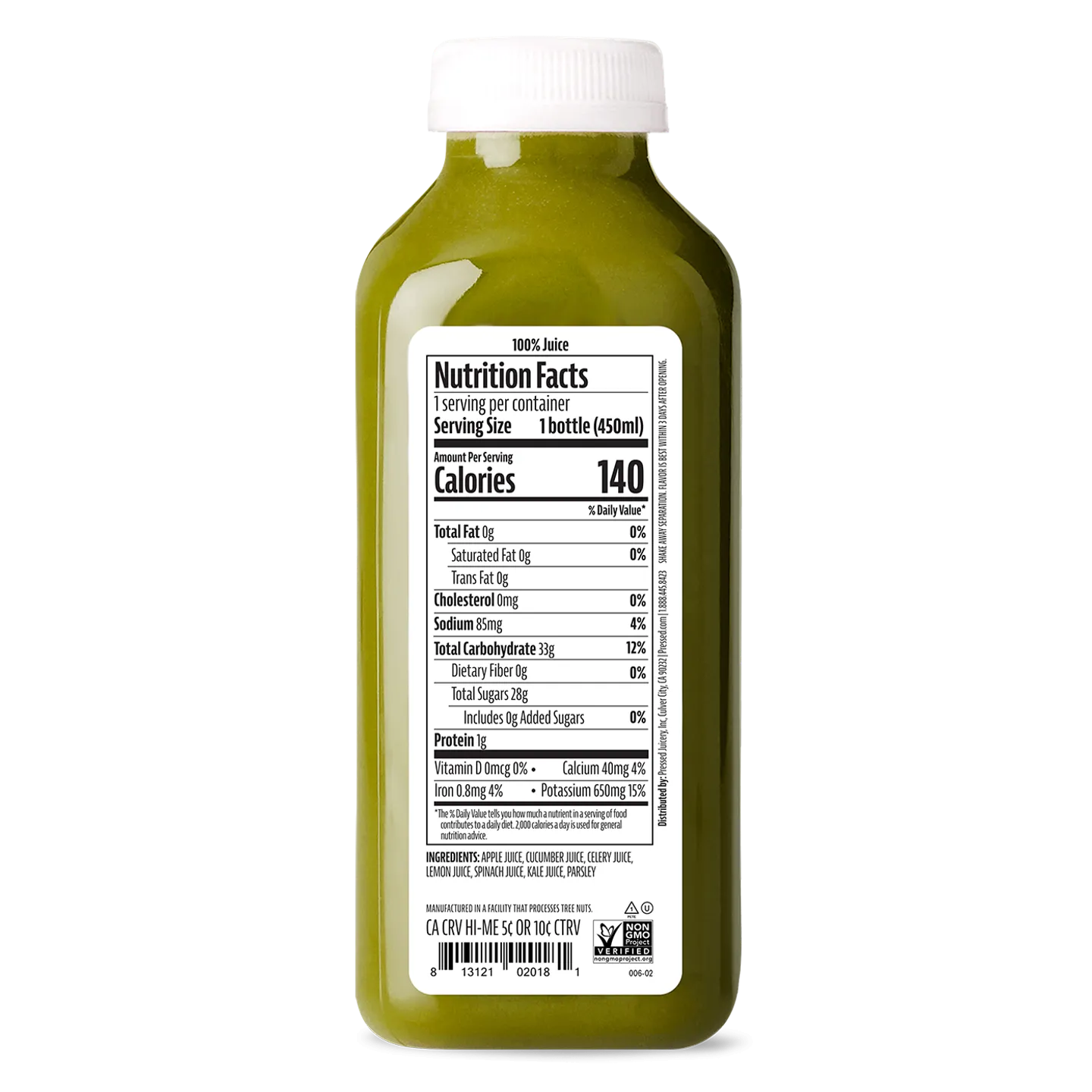 Bottle of green juice with a nutrition facts label on a white background