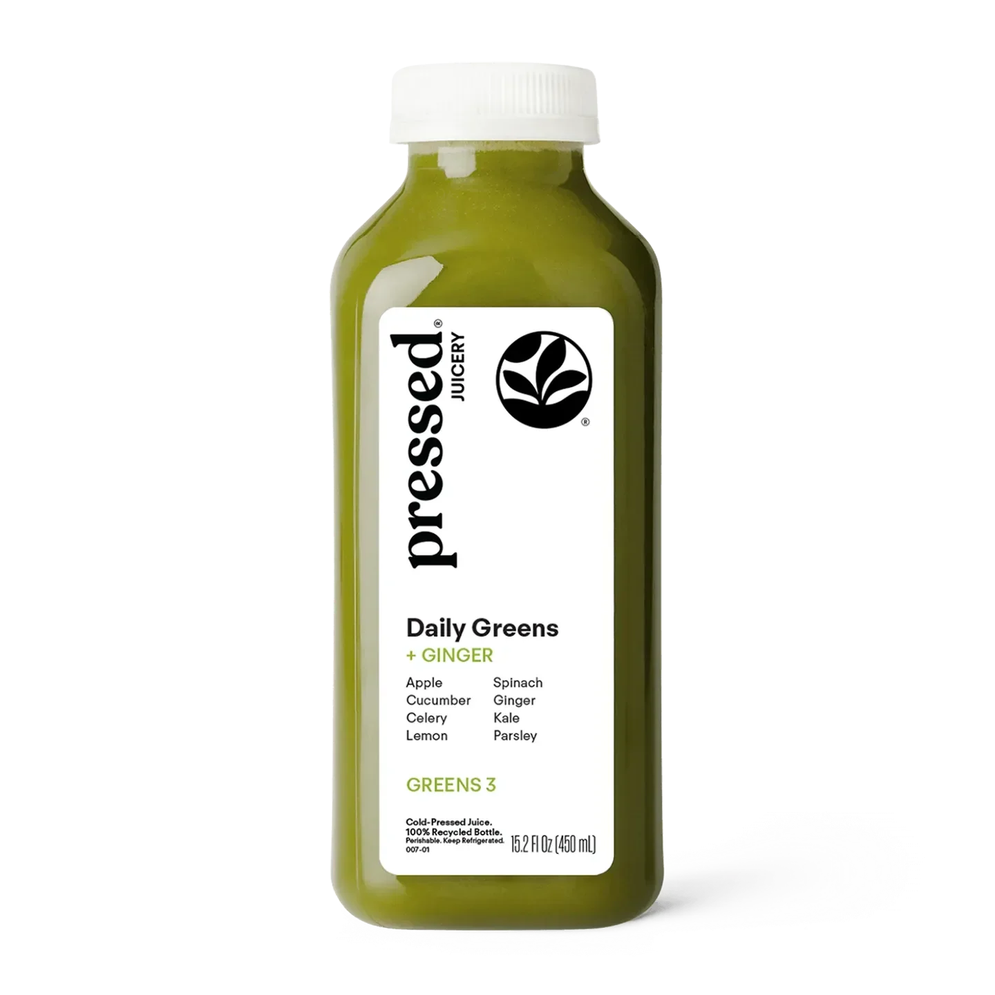 Bottle of 'Pressed Juicery' Daily Greens + Ginger juice on a white background