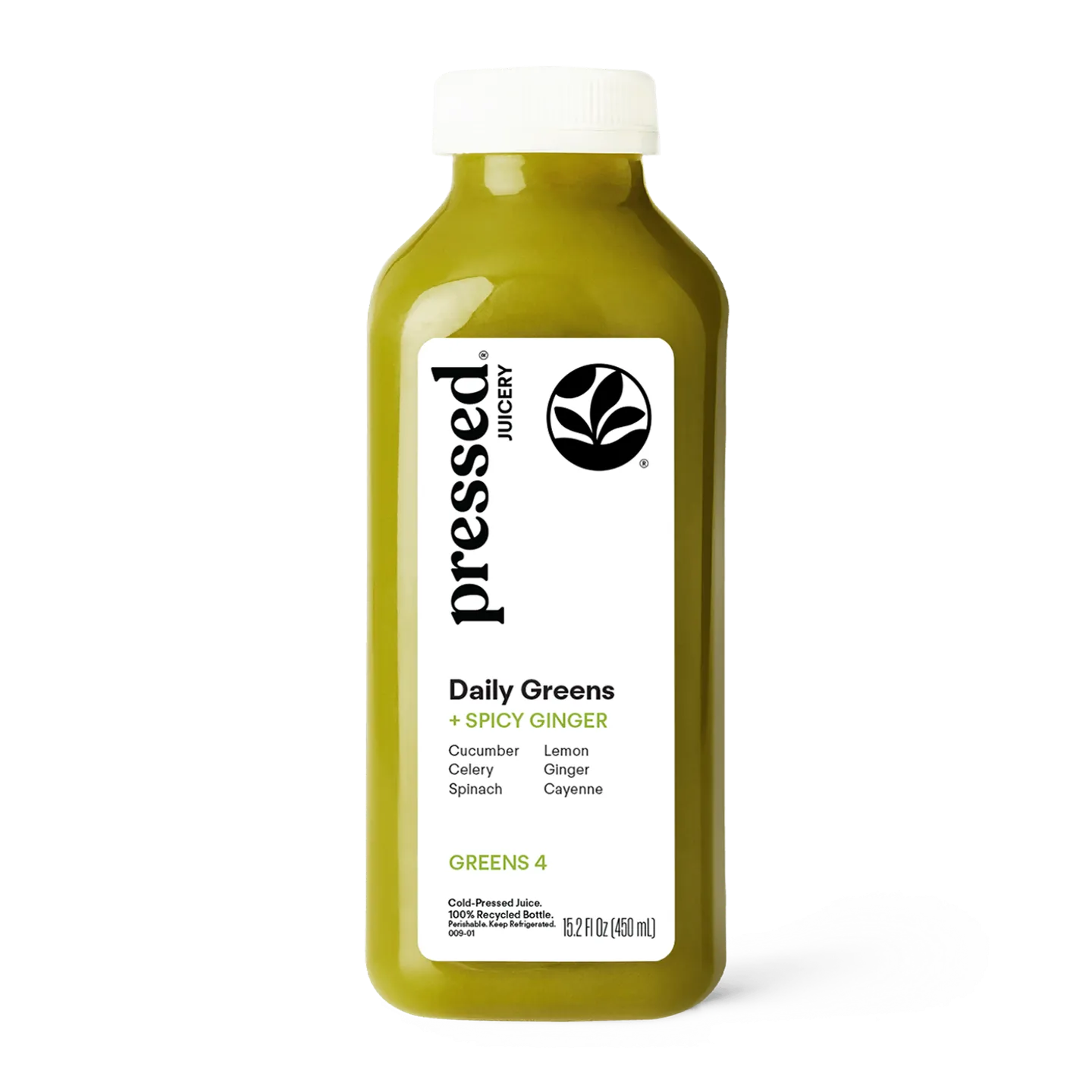 Bottle of 'pressed' Daily Greens + Spicy Ginger juice on a white background