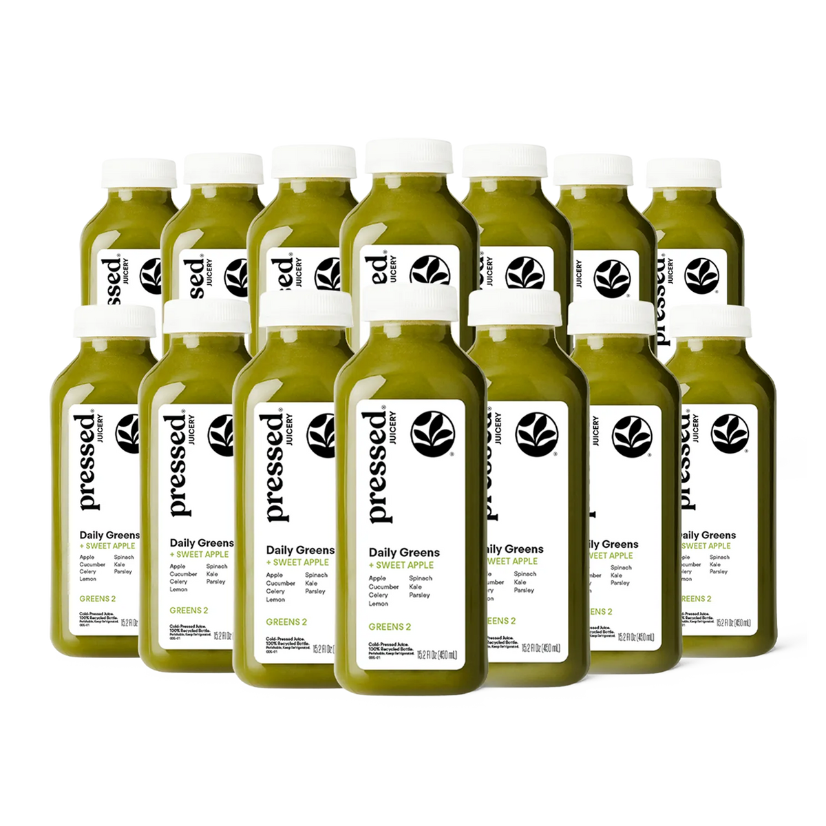 Pressed Juicery Daily Greens Juice Power Pack with Greens 2 and Greens 3 bottles on a white background.