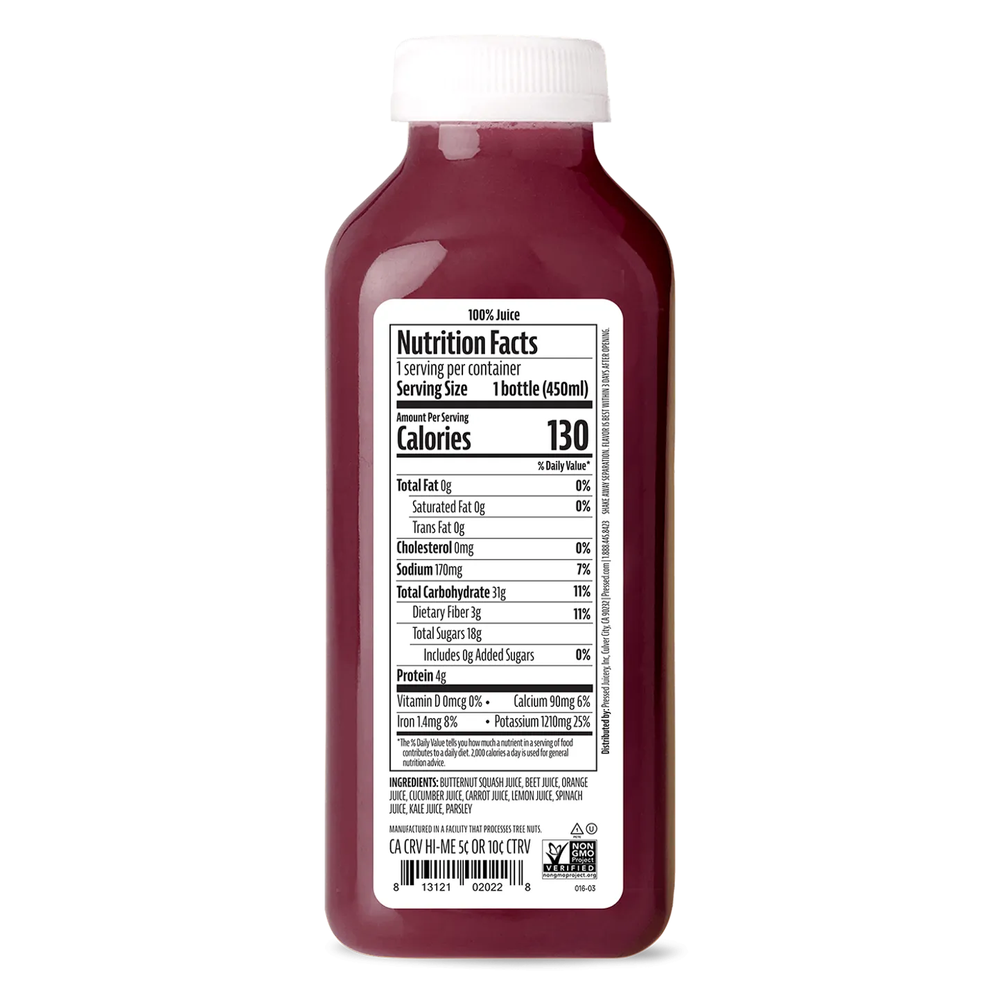Bottle of juice with a nutrition facts label on a white background