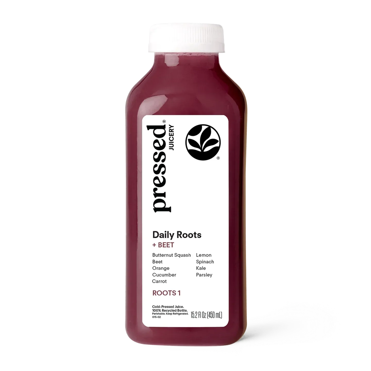 Bottle of 'Daily Roots + Beet' juice from pressed. juicery on a white background