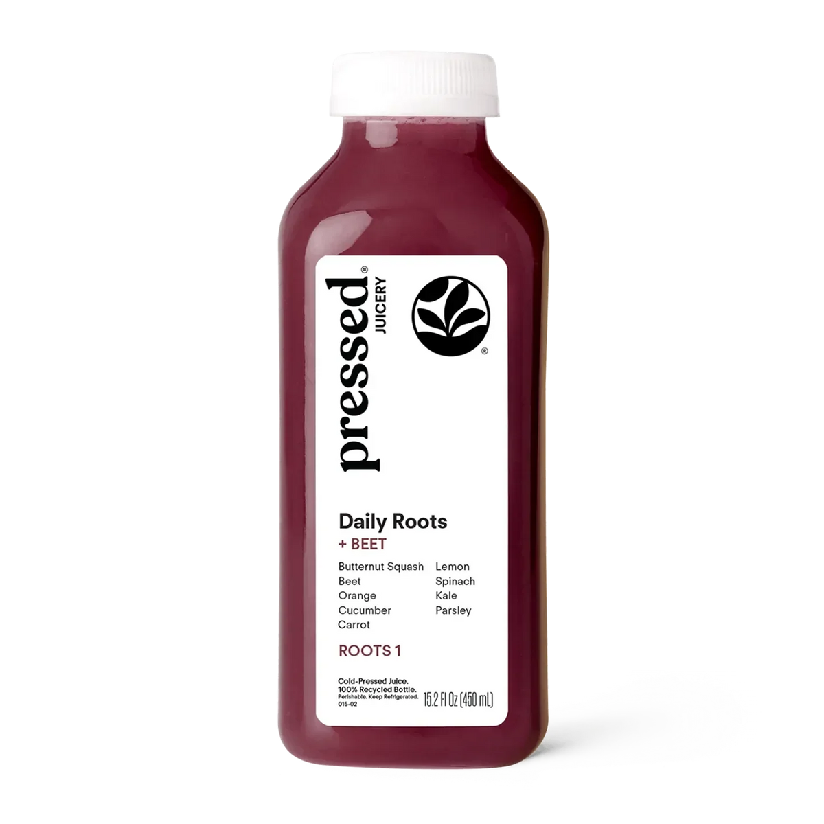 Bottle of 'Daily Roots + Beet' juice from pressed. juicery on a white background