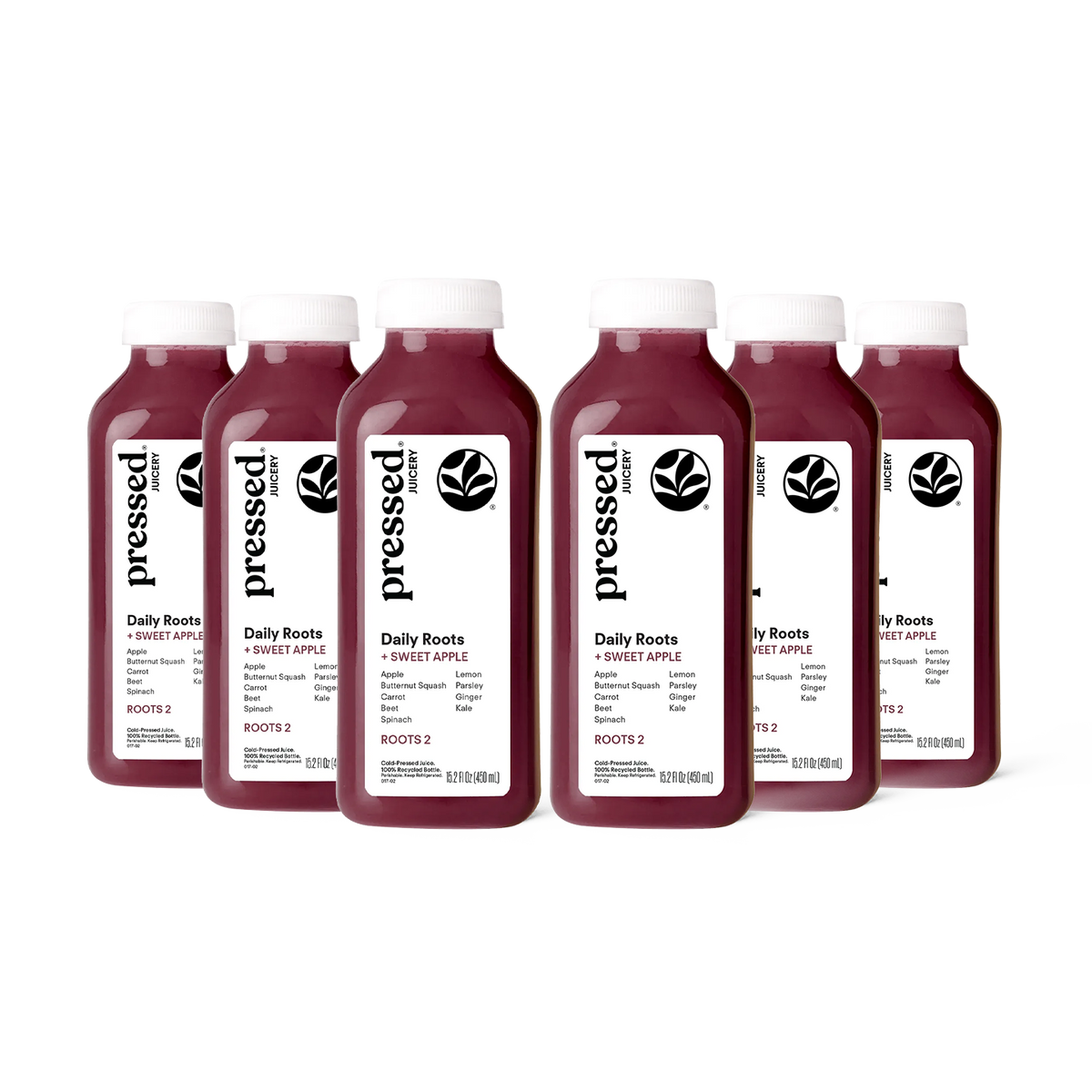 Six bottles of pressed roots Daily Roots + Sweet Apple juice arranged in two rows on a white background.