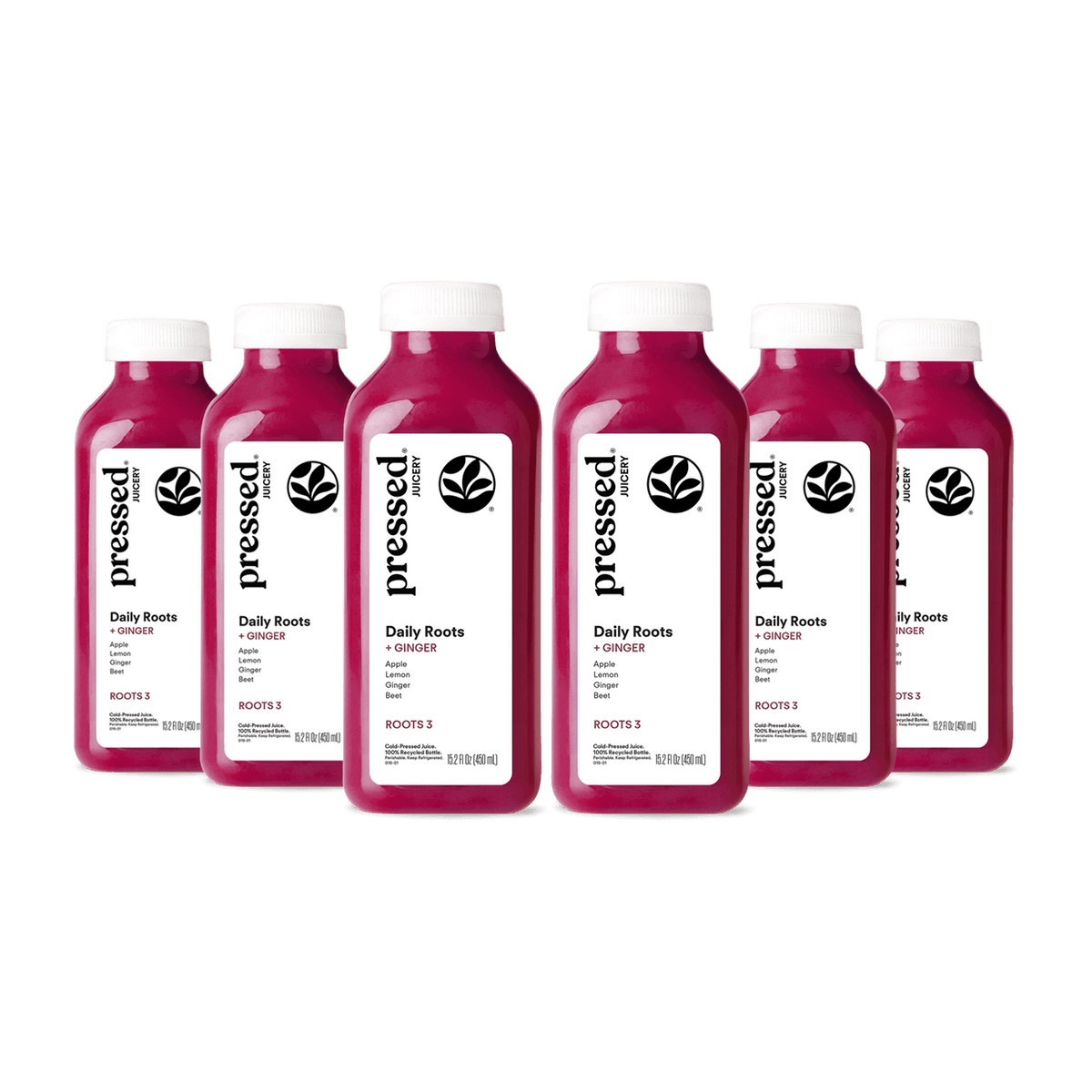 Set of six 'pressed' brand juice bottles on a white background