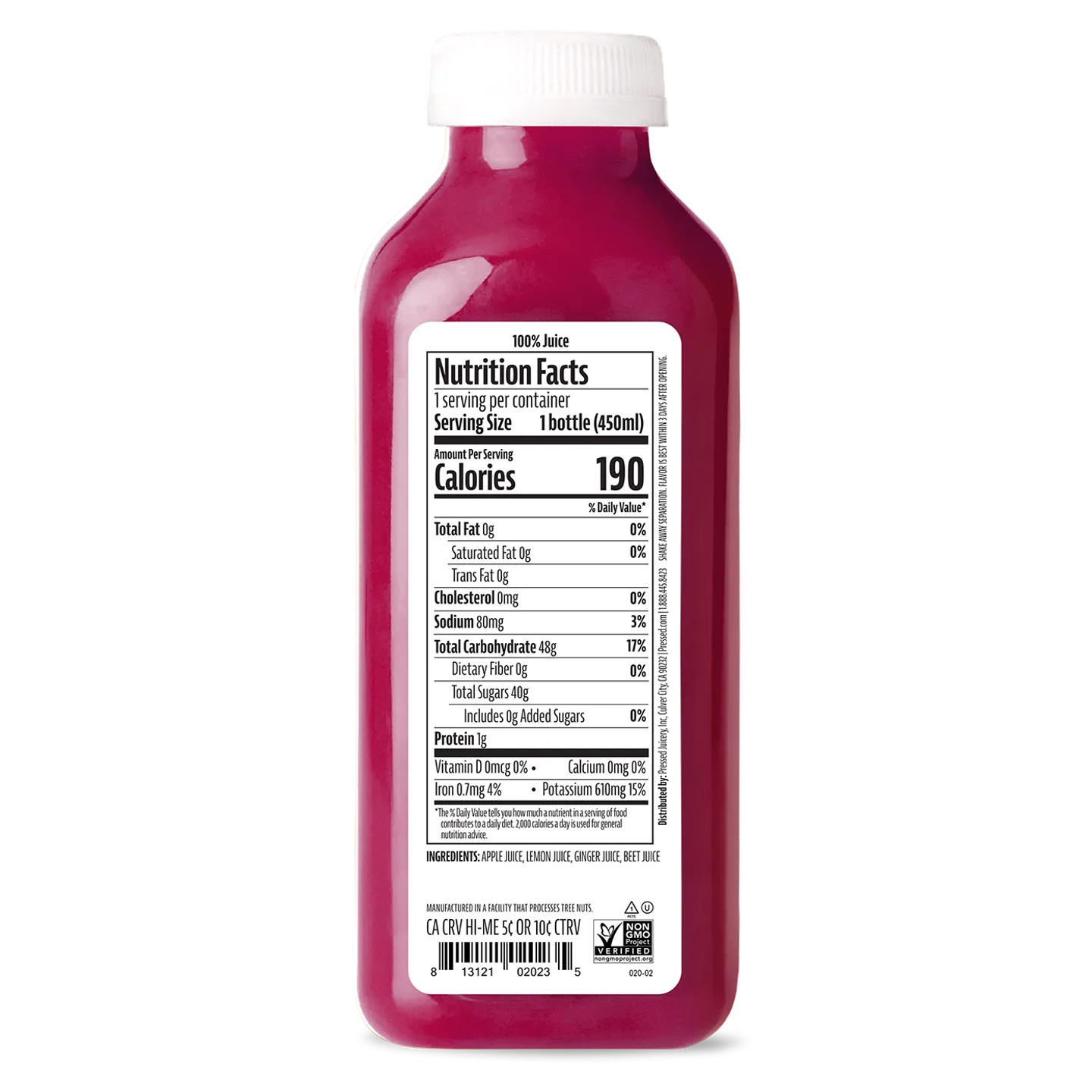 Bottle of juice with a nutrition facts label on a white background