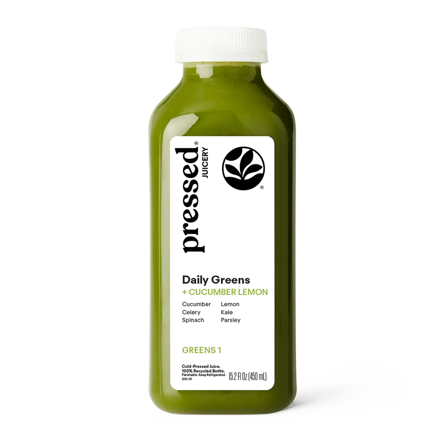 Bottle of 'Pressed Juicery' Daily Greens juice with a white label on a white background