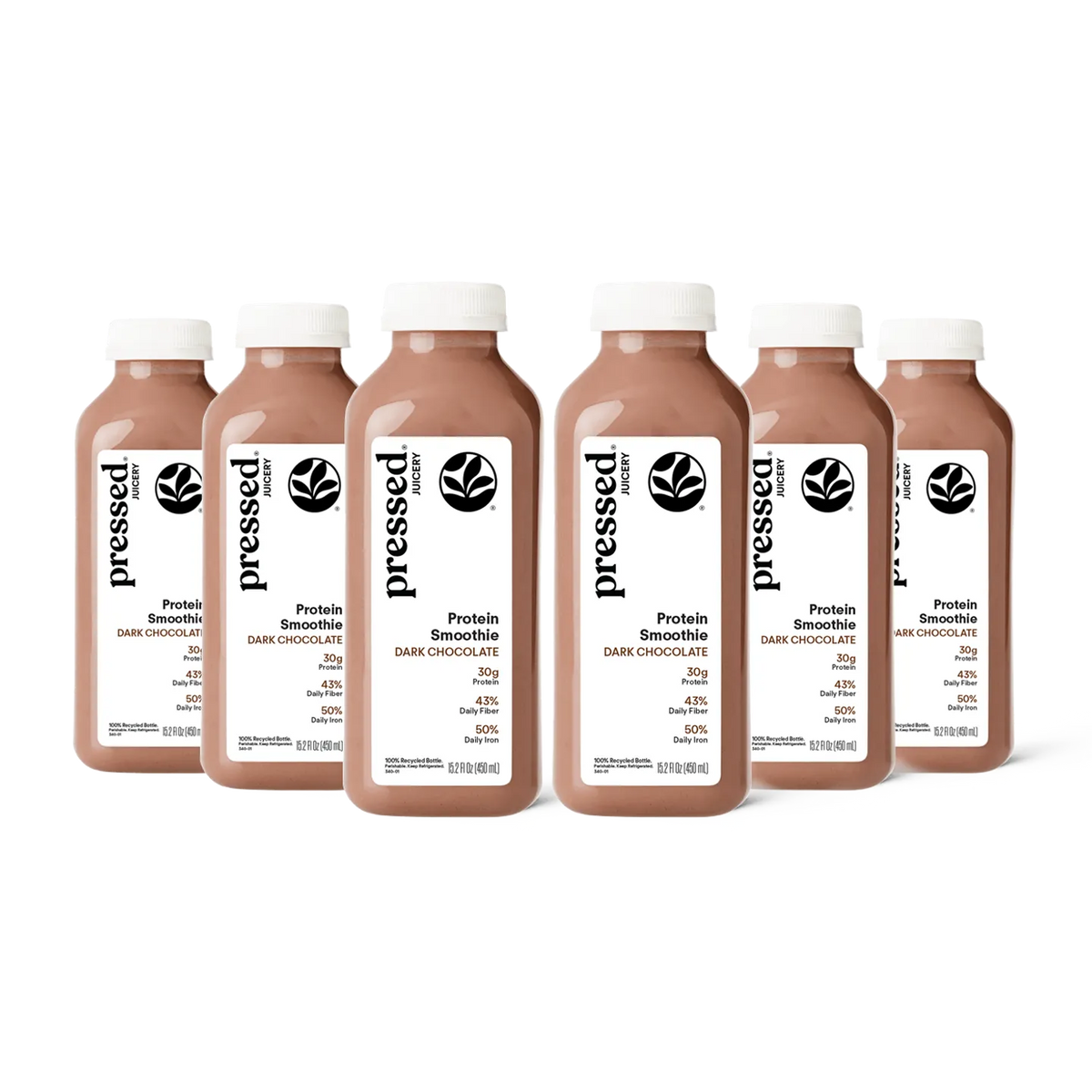 Bottles of pressed protein dark chocolate smoothie on a white background