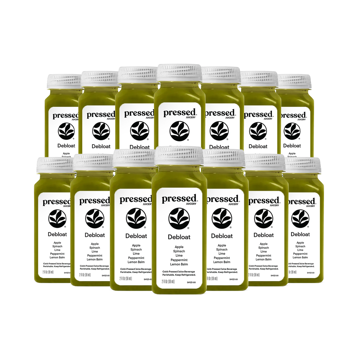 Pressed Juicery Debloat Shot 14-Pack on a transparent background