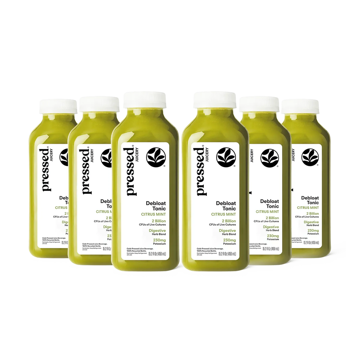 Lineup of 6 Debloat Tonic Juices on a white background