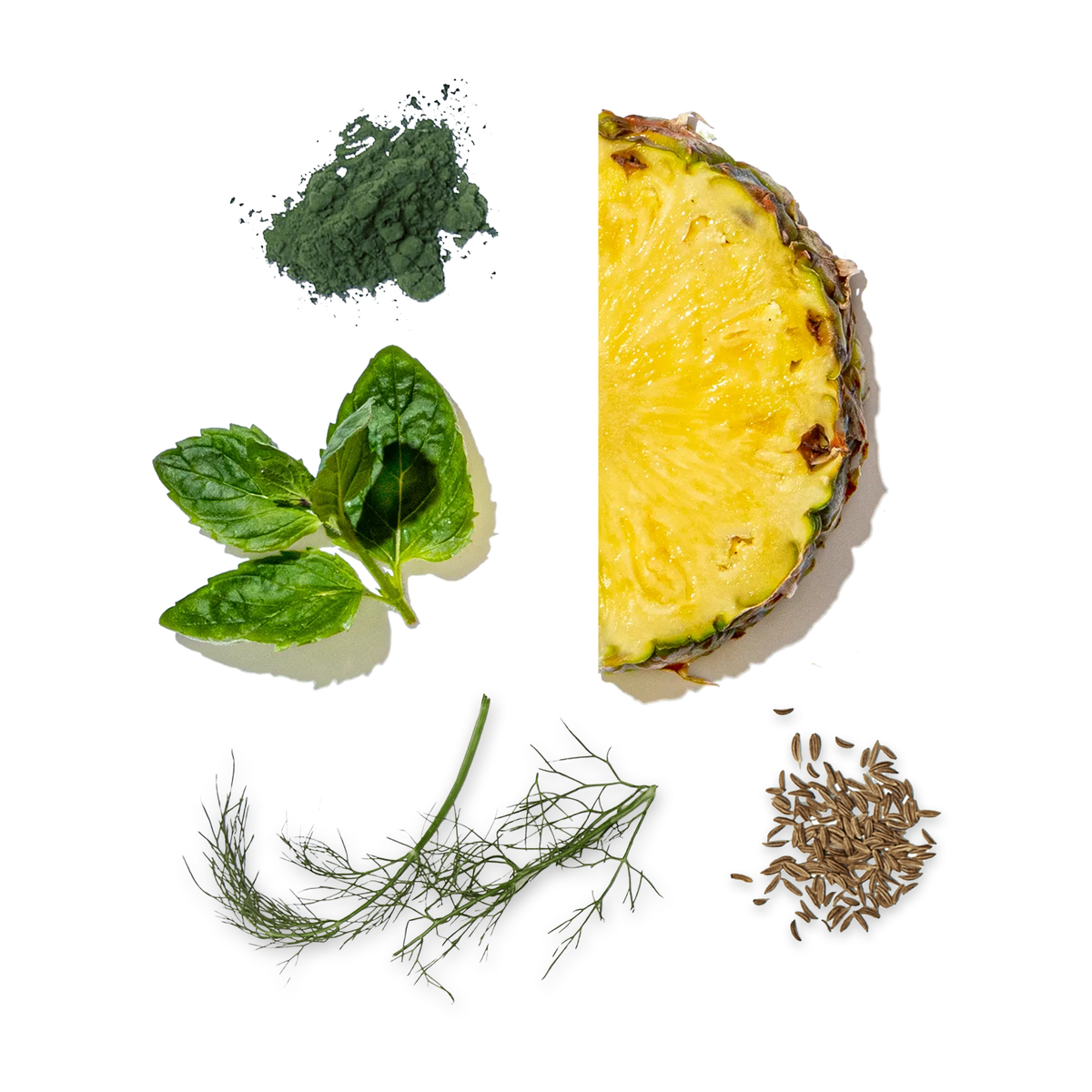 Pineapple, lemon, dill, cumin, and other herbs on a white background