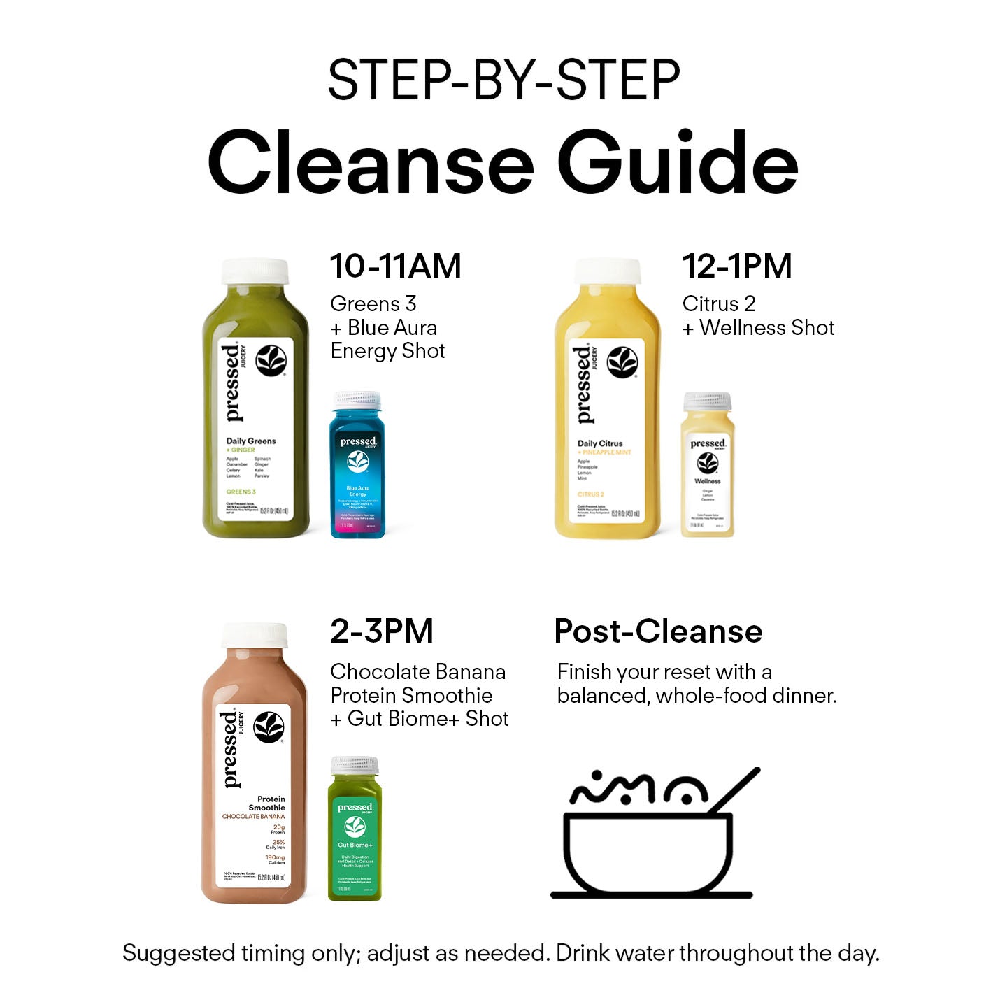 Step-by-step Pressed Juicery Detox Half-Day Juice Cleanse guide on a white background.