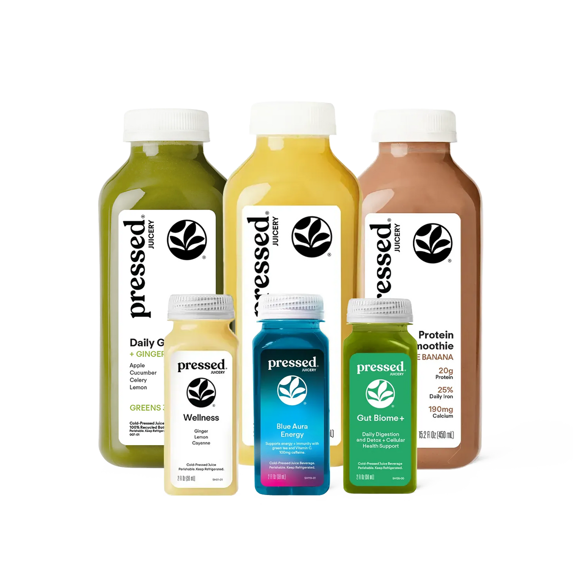 A set of five Pressed Juice bottles in various colors (green, yellow, brown, light yellow, and blue) arranged on a plain white background.