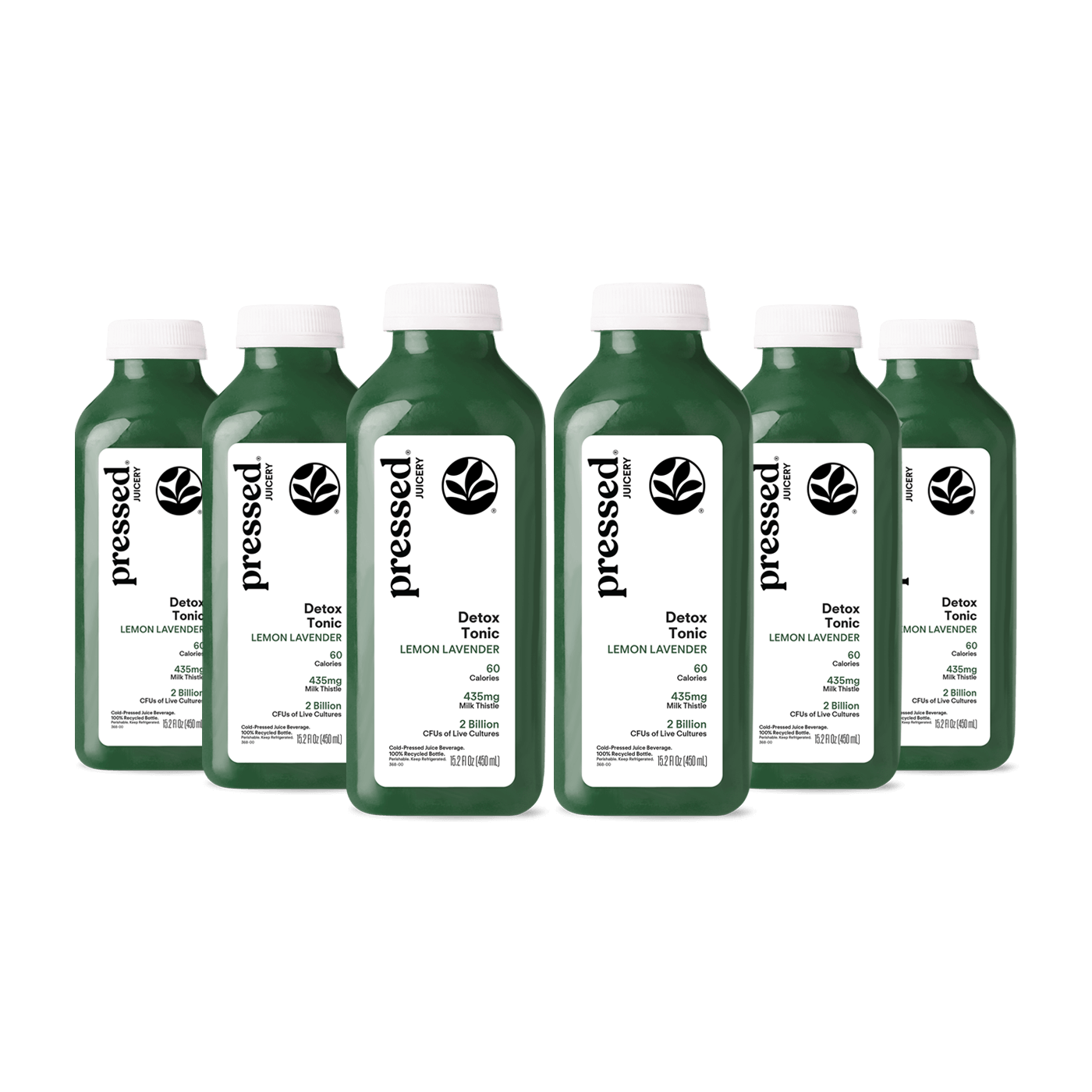 Multiple bottles of 'pressed' Detox Tonic on a white background