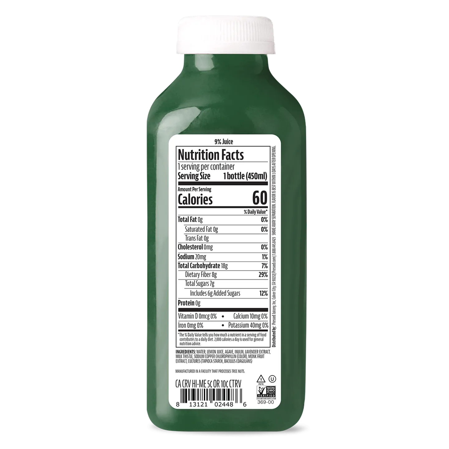 Green bottle with nutrition facts label on a white background