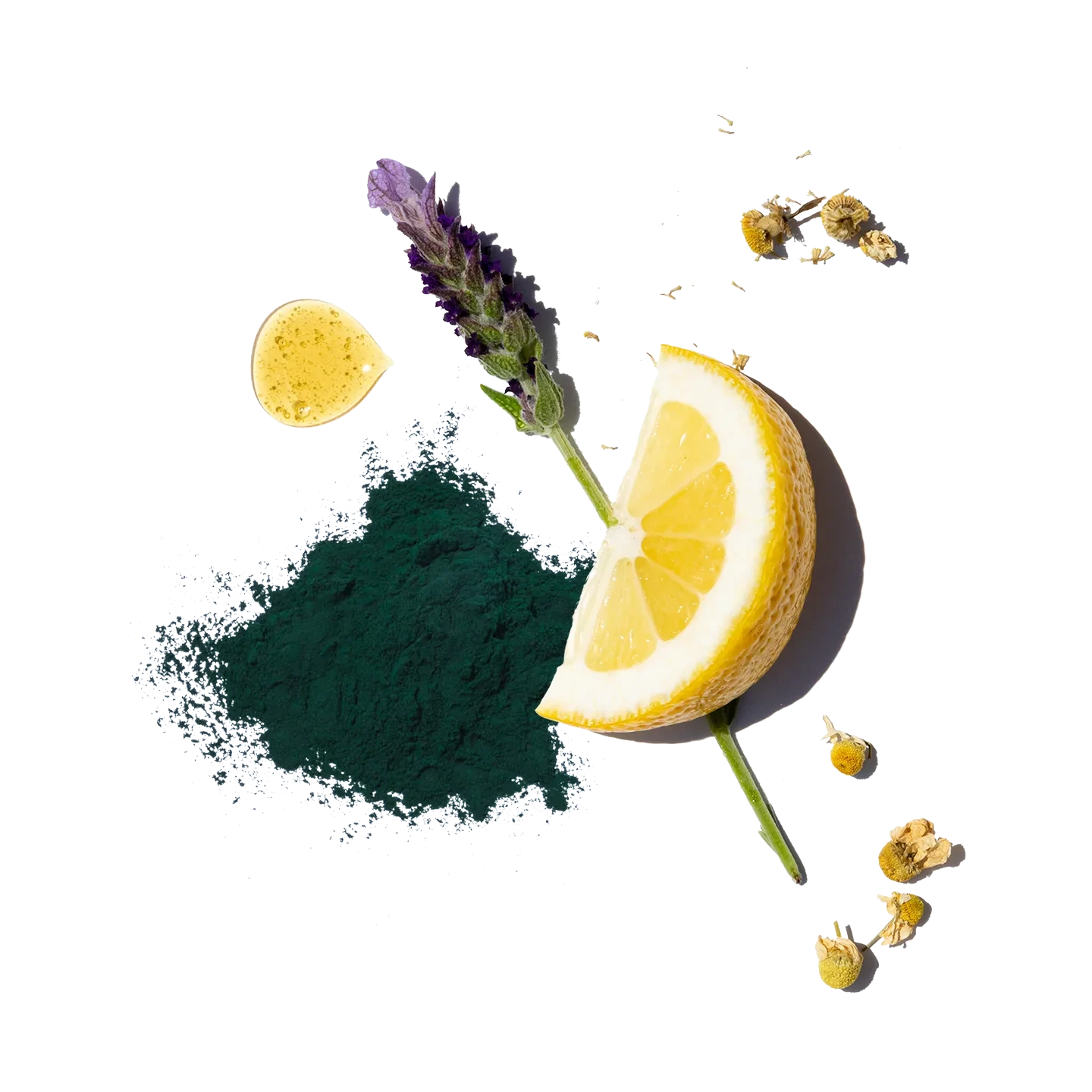 Lemon wedge with lavender and small flowers on a black background
