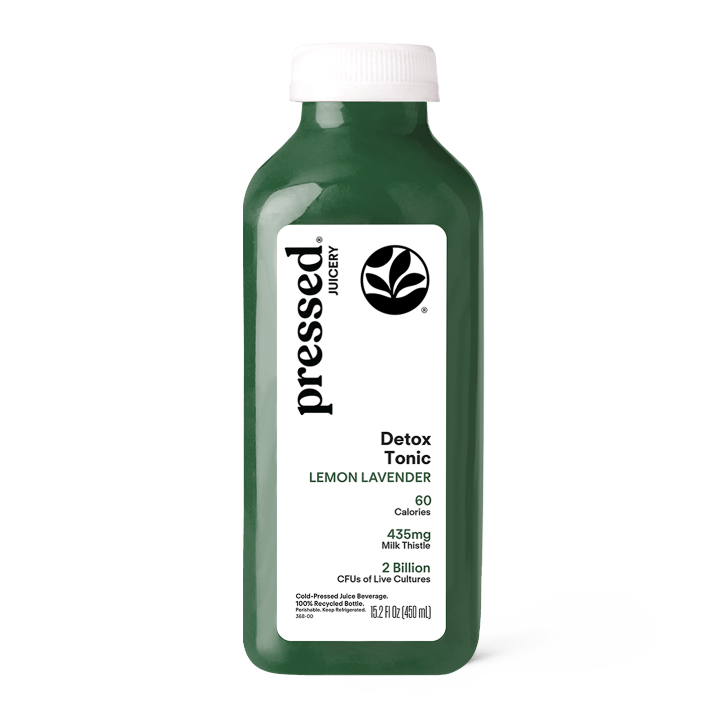 Bottle of 'pressed. Juicery' Detox Tonic Lemon Lavender on a white background