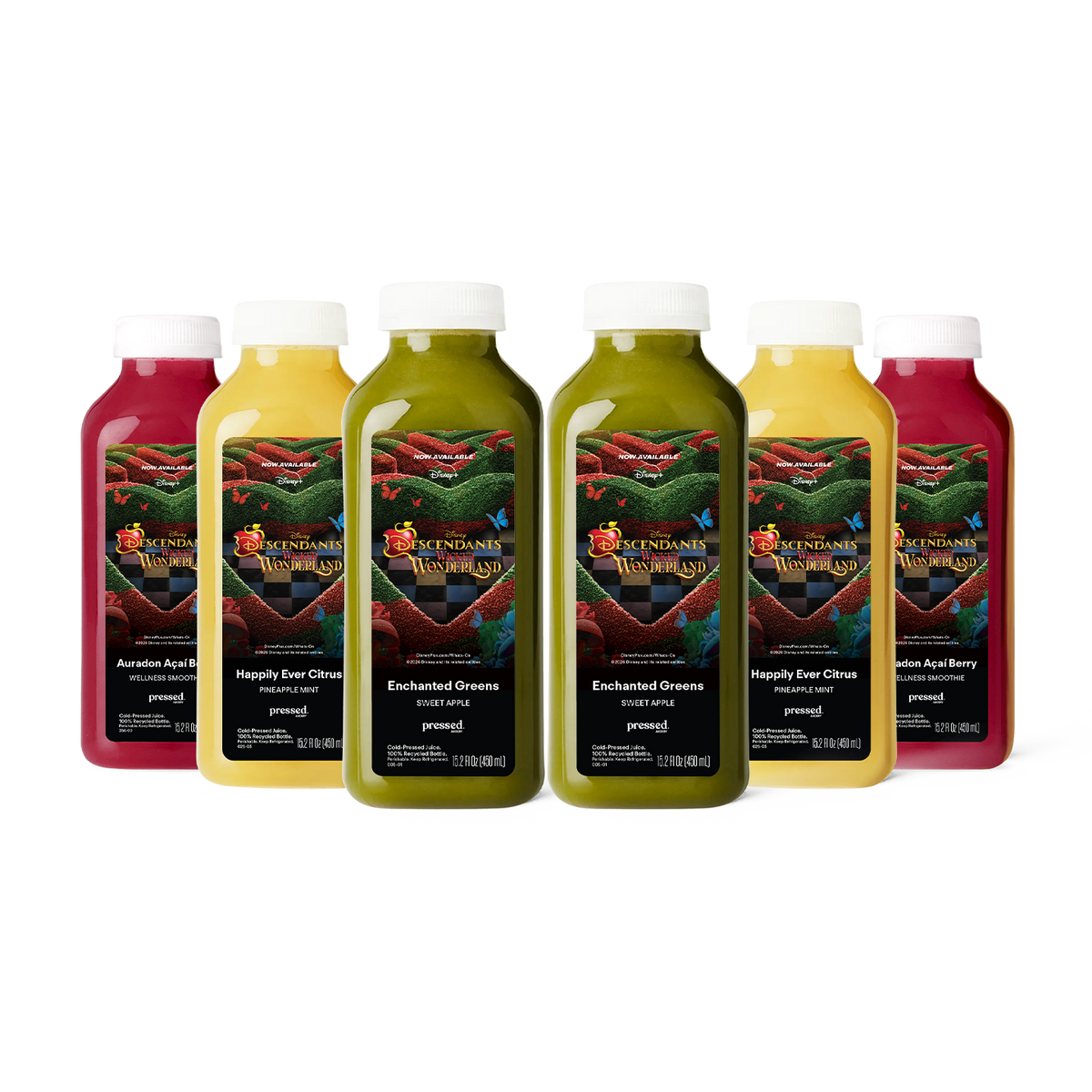 Pressed Juicery Disney Descendants 6-Pack arranged on a white background.
