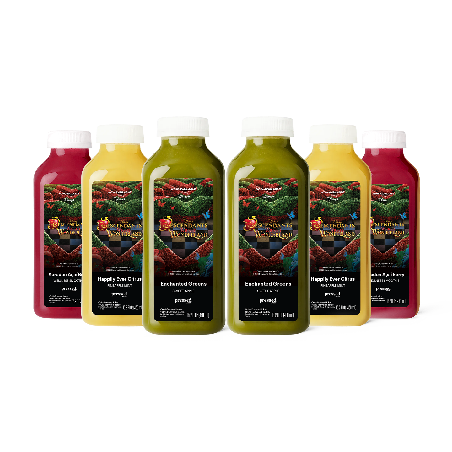 Six bottles of Wondfula Wellness juice arranged in a row on a white background, showing flavors including Aravaim Apple Spice, Happy Green Orange, Enchanted Greens mixed drink, Happy Sun Citrus, and Aravaim Berry.