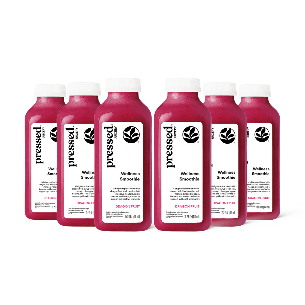 Pressed Juicery Dragon Fruit Wellness Smoothie 6-pack with six bottles