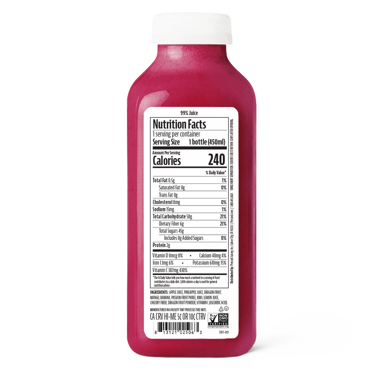 Pressed Juicery Dragon Fruit Wellness Smoothie bottle showing Nutrition Facts and ingredients label