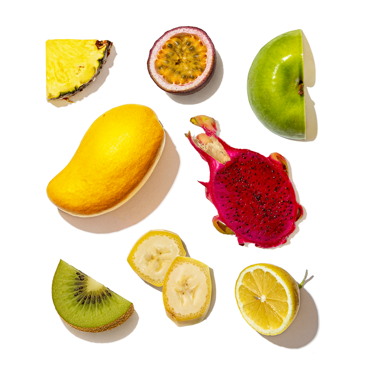 Dragon fruit, mango, pineapple, passion fruit, green apple, kiwi, banana and lemon used in Pressed Juicery Dragon Fruit Wellness Smoothie