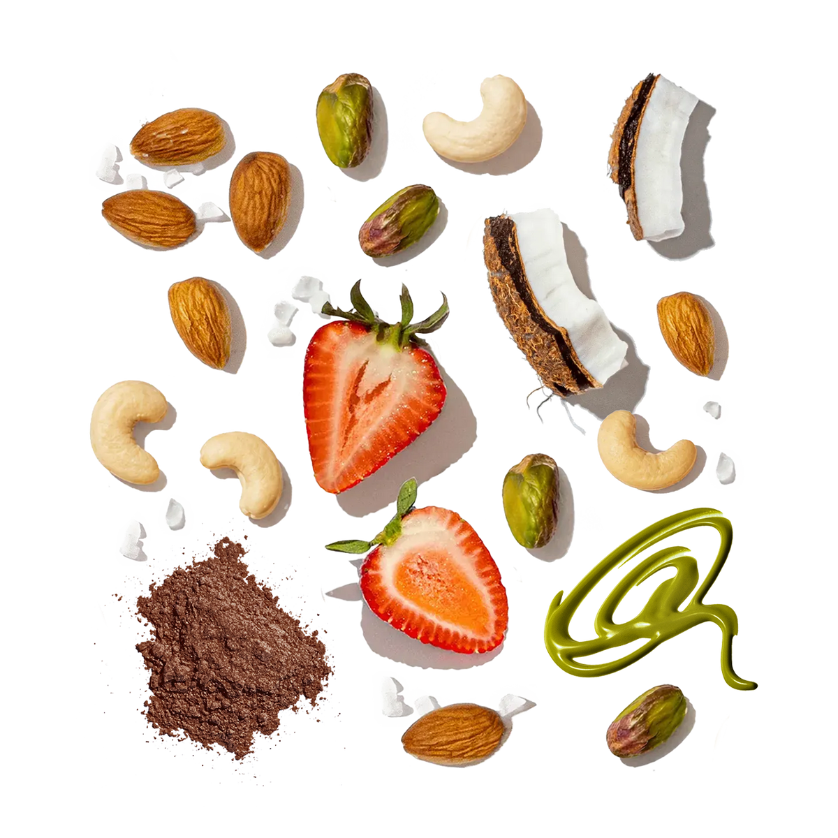 Ingredients for Pressed Juicery Dubai-Style Chocolate Sundae arranged on a white background.