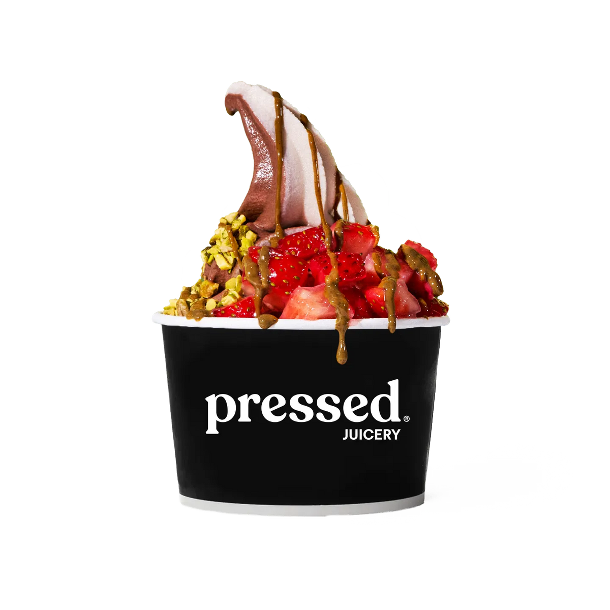 Pressed Juicery Dubai-Style Chocolate Sundae topped with strawberries and chocolate on a white background.
