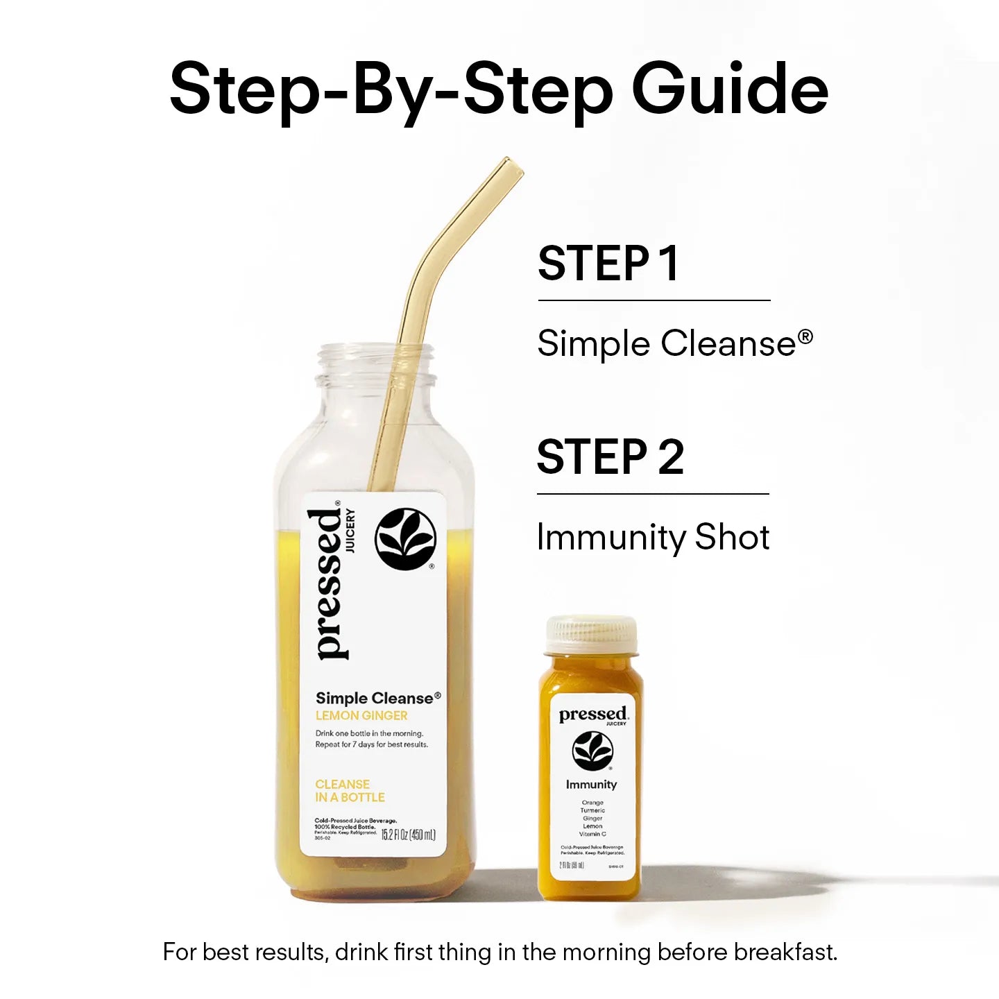 Step-by-step guide for 'pressed' health products with two bottles on a white background.