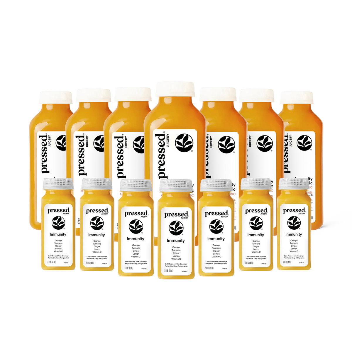 Pressed Ginger + Turmeric Immunity Pack with seven Immunity Shots and seven Ginger Turmeric Immunity Tonics.