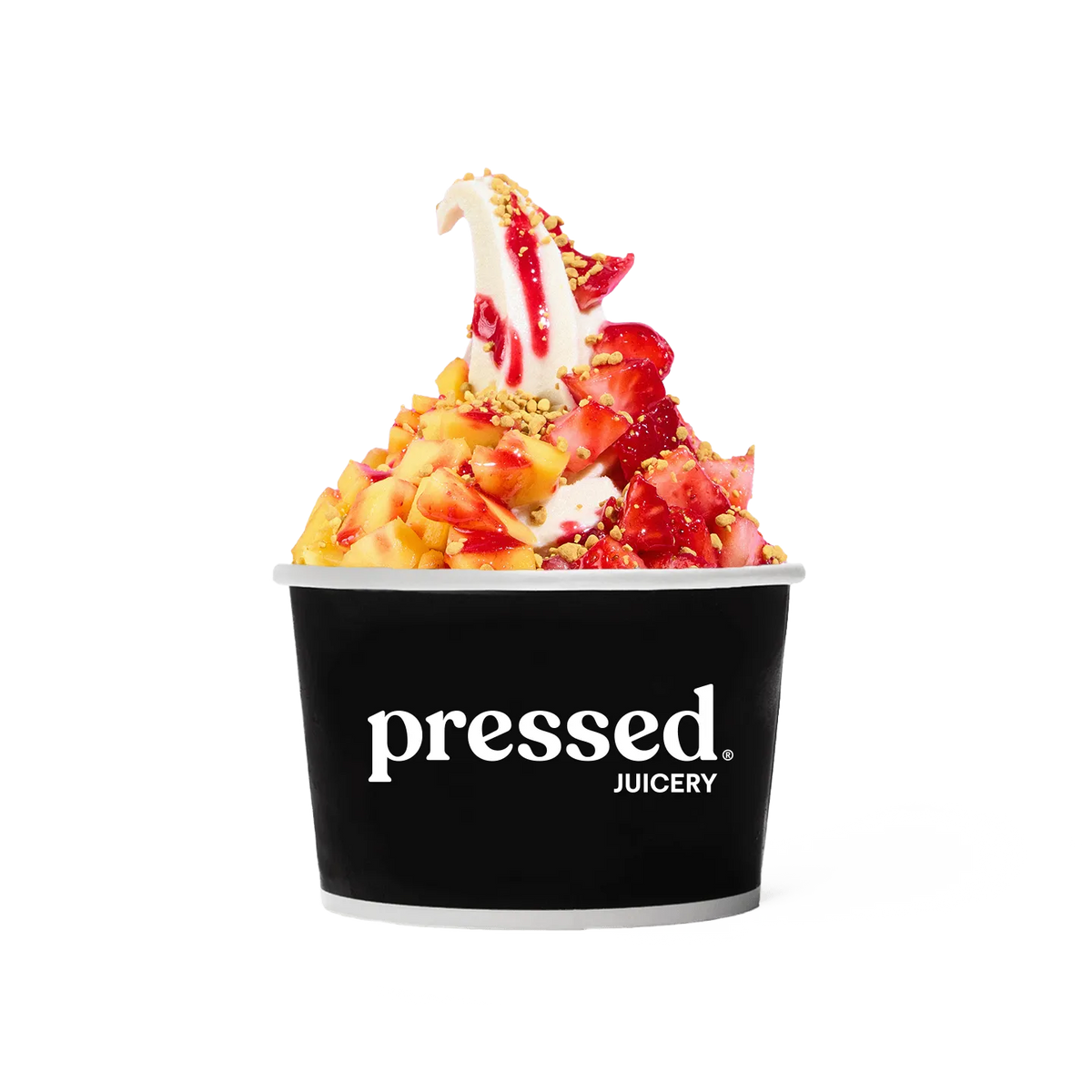 Pressed Juicery Glow Up Sundae in a black cup on a white background.