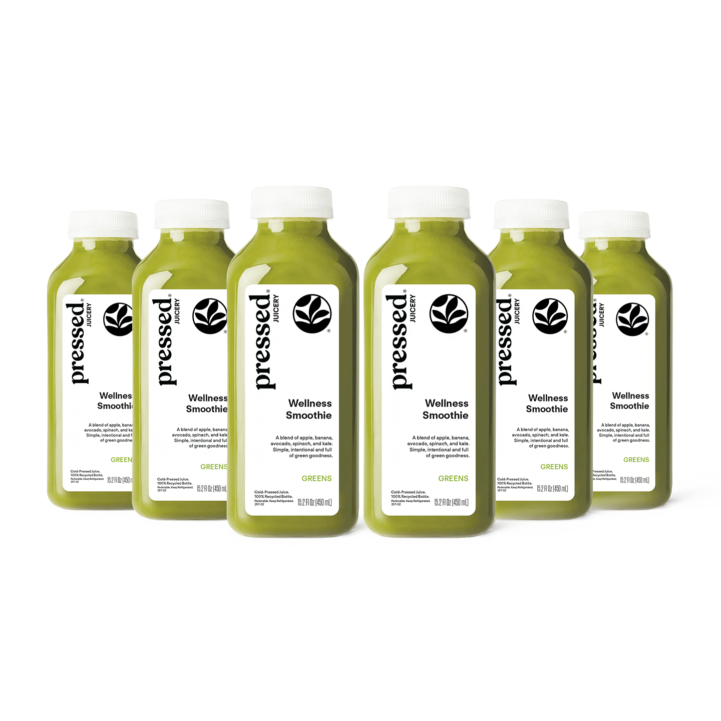 Six bottles of Pressed Wellness Green Juice Smoothie arranged in two rows on a white background.