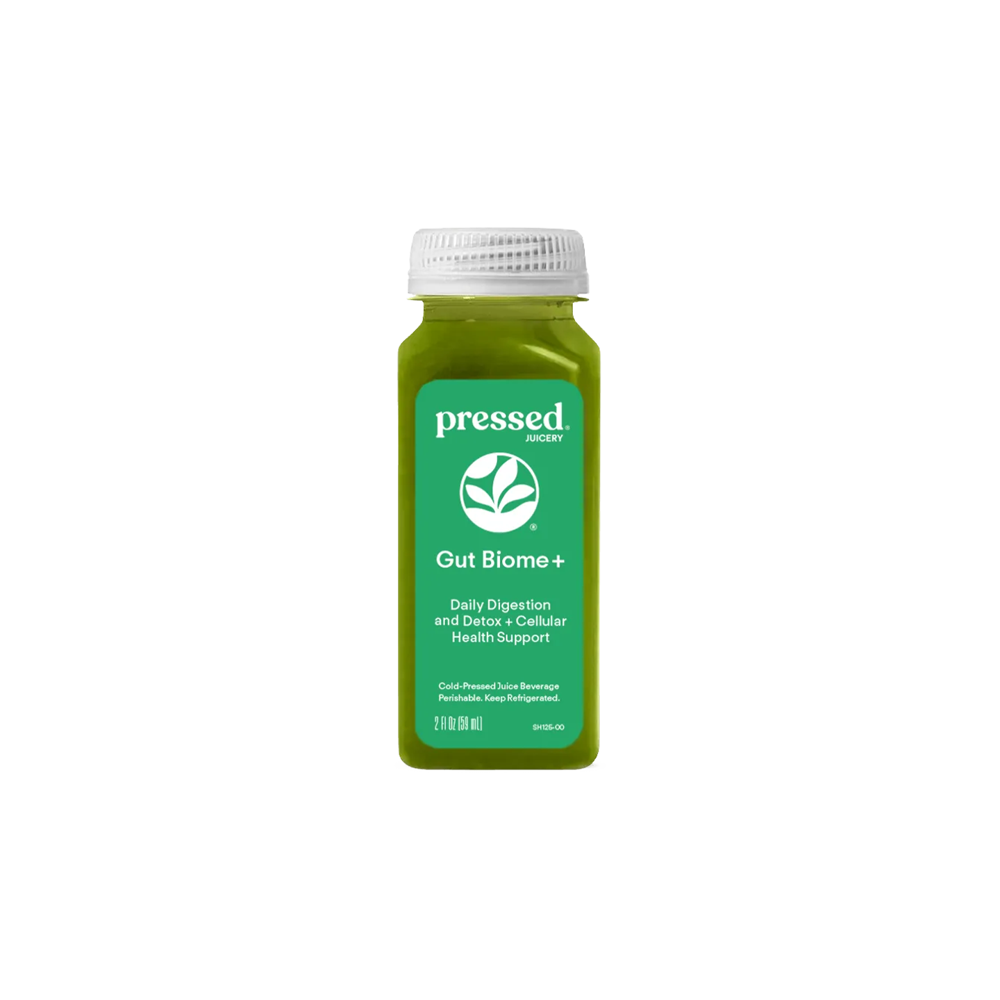 A bottle of Pressed Botanicals Gut Biome+ drink with a white cap and a green label, centered on a plain white background.