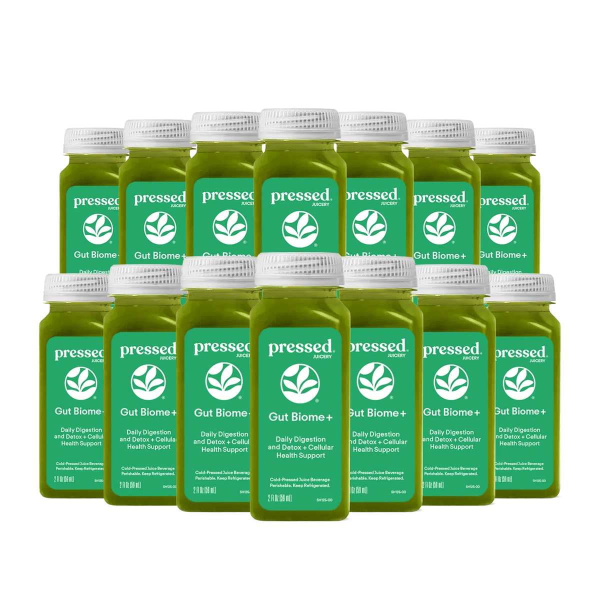 Pressed Juicery Gut Biome+ Shot 14-Pack on a white background.