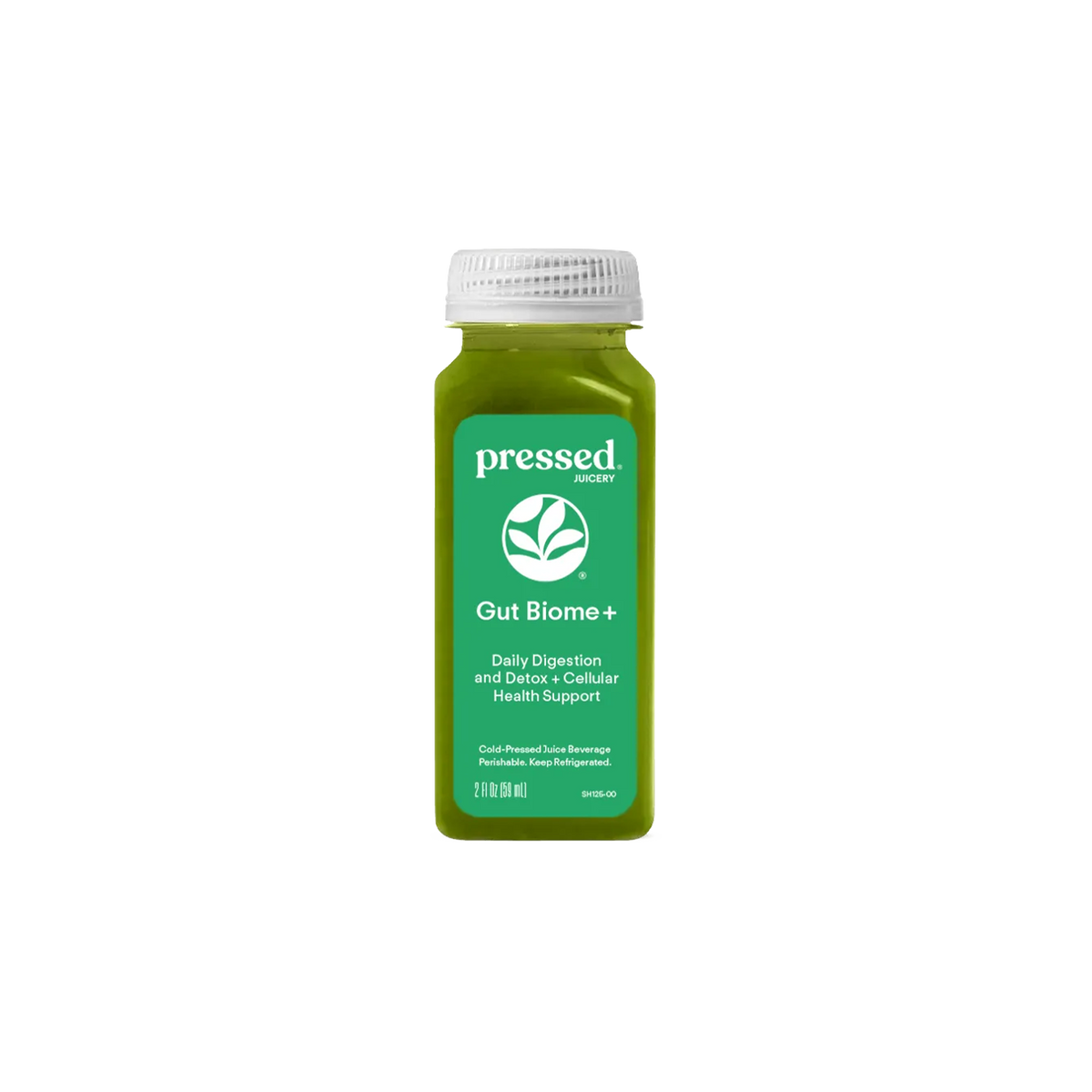 Pressed Juicery Gut Biome+ Shot bottle on a white background.
