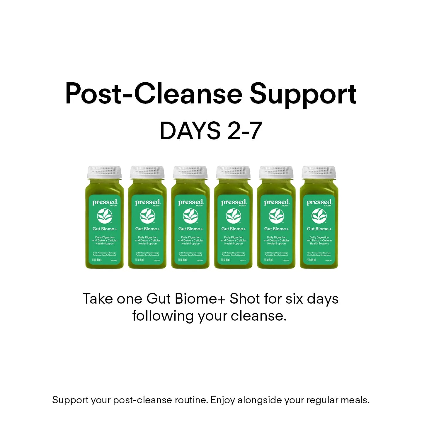 Six green bottles of 'pressed' Gut Biome+ Shots on a white background with text about post-cleanse support.