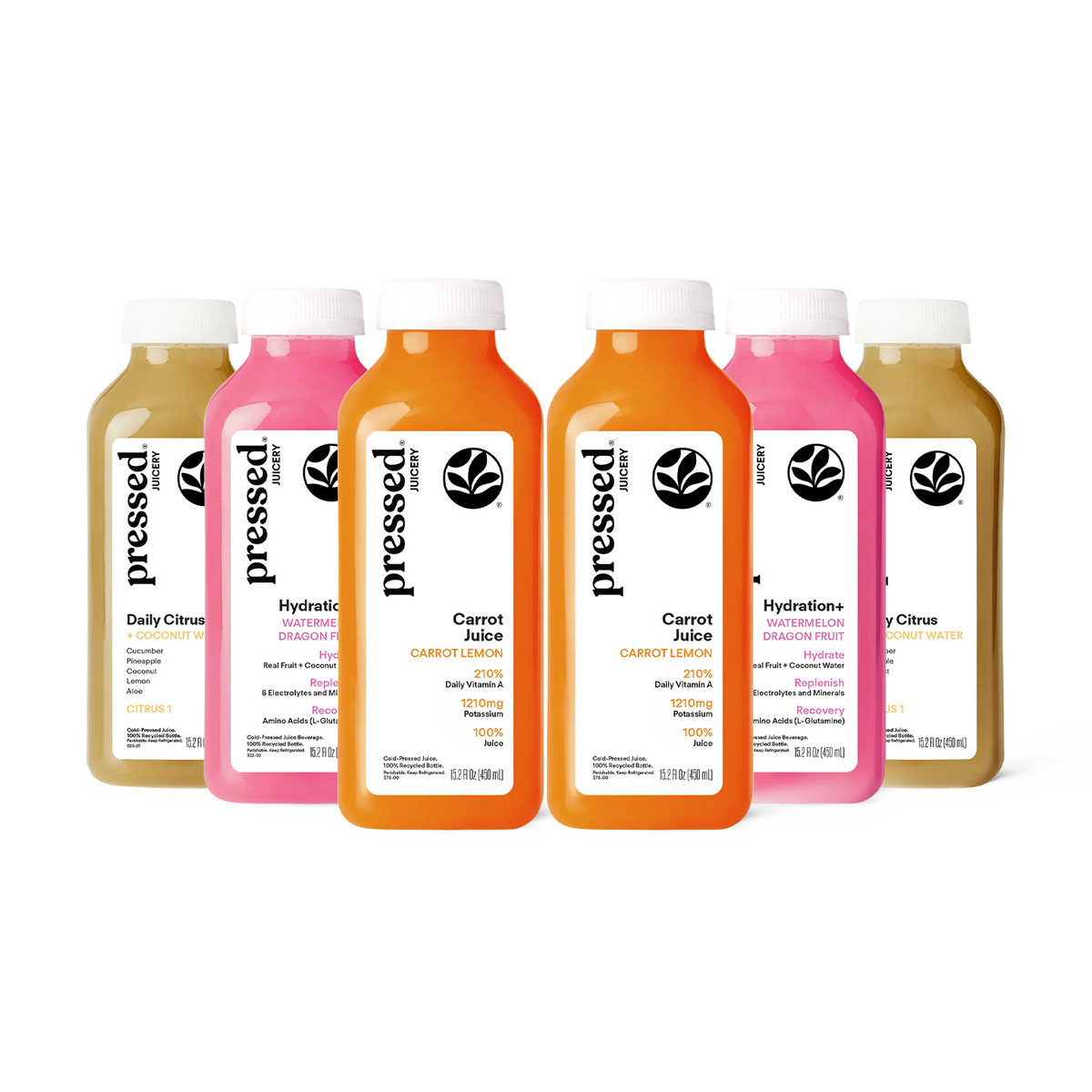 Pressed Juicery Hydration + Replenish 6-Pack with two bottles each of Hydration+ Watermelon Dragon Fruit, Citrus 1 and Carrot Juice.