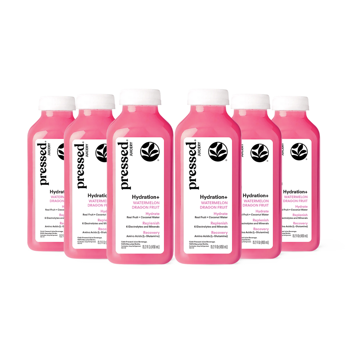 Six pink bottles of pressed Hydration+ electrolyte drink mix, arranged in a row against a plain white background.