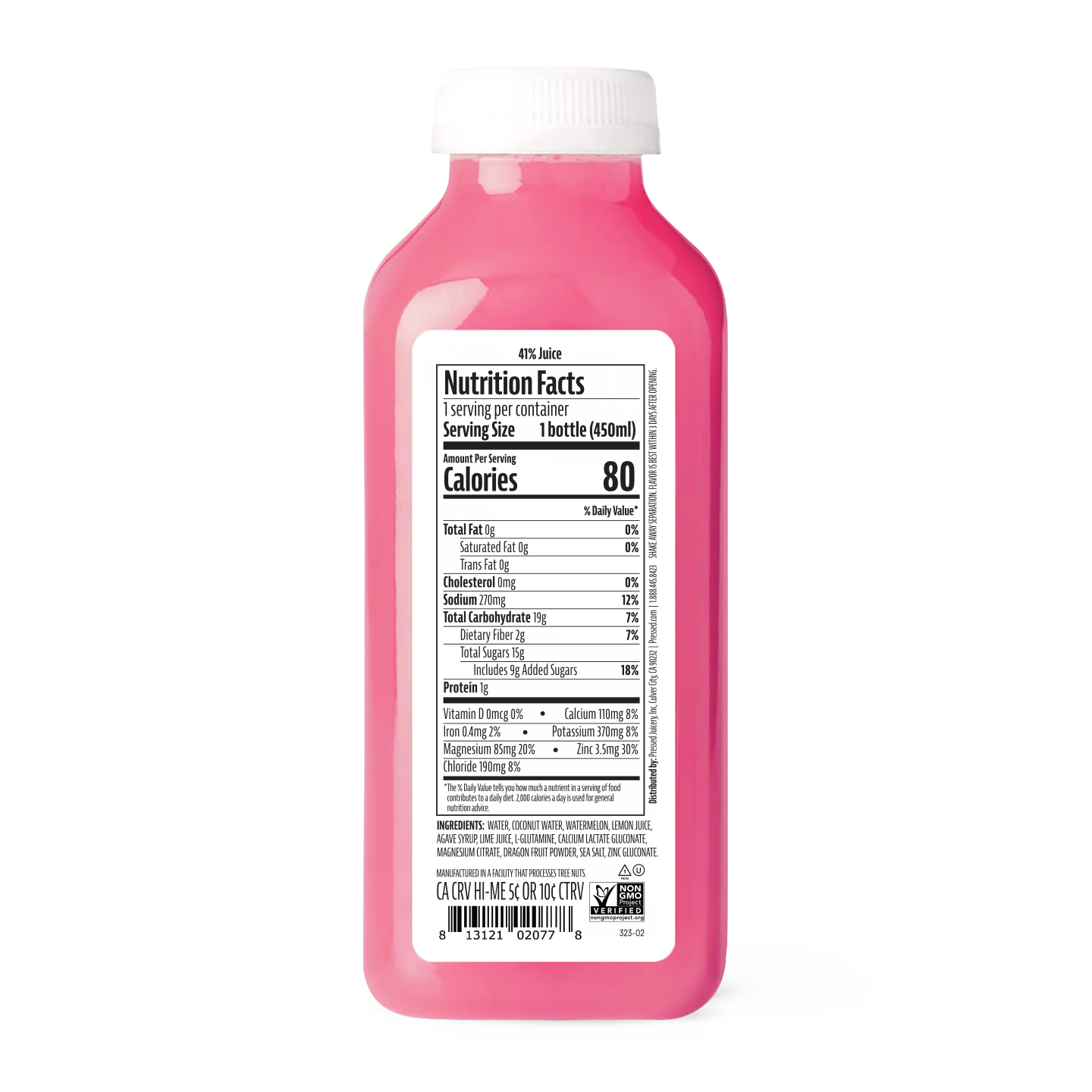 A bottle of pink juice with a white cap, showing the back of the label with nutrition facts, on a plain white background.