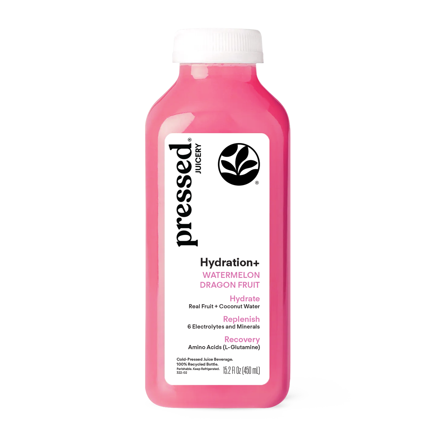 A bottle of Pressed Juicery Hydration+ Watermelon Dragon Fruit drink, featuring a bright pink liquid and a white label with black and pink text, on a solid white background.