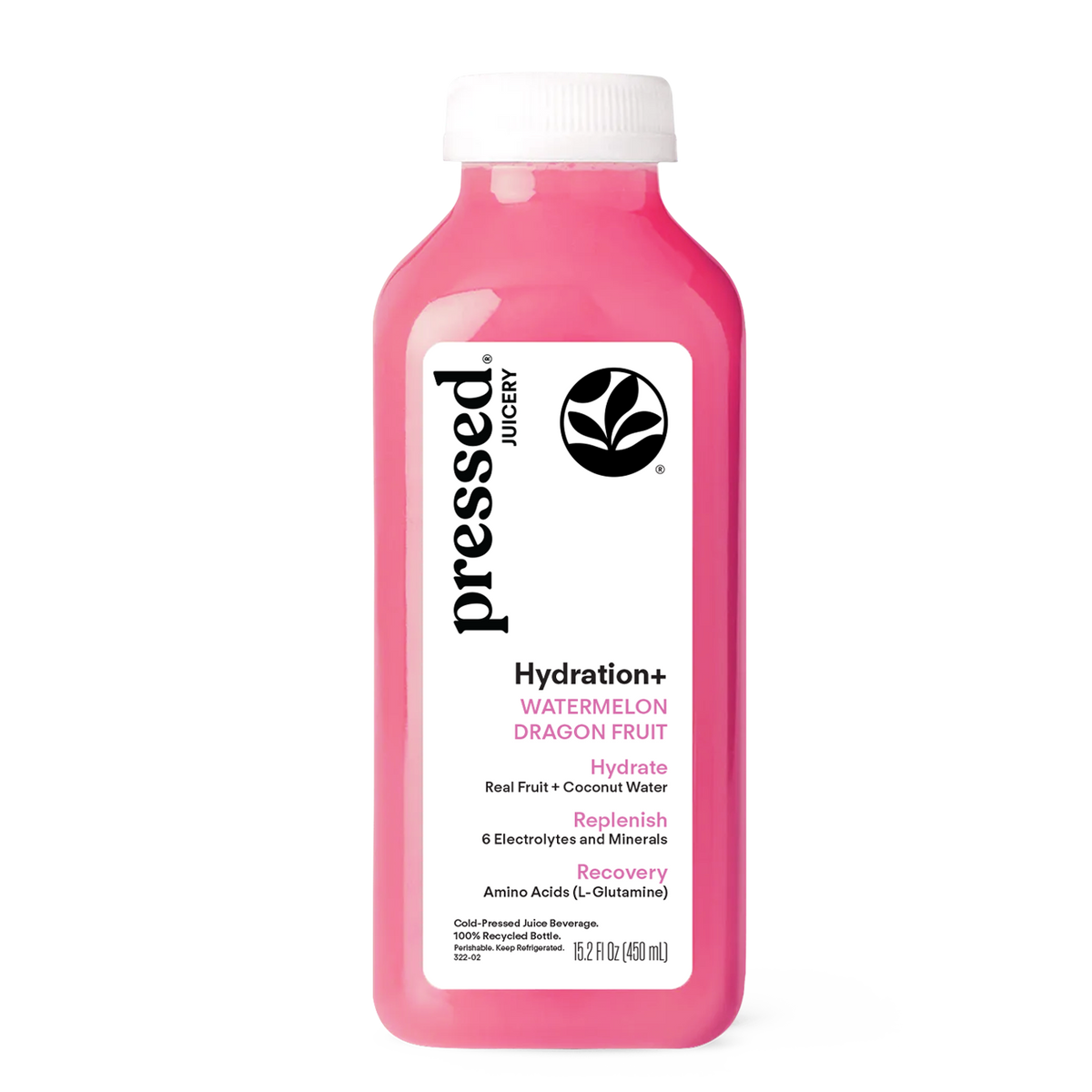 A bottle of Pressed Juicery Hydration+ Watermelon Dragon Fruit drink, featuring a bright pink liquid and a white label with black and pink text, on a solid white background.
