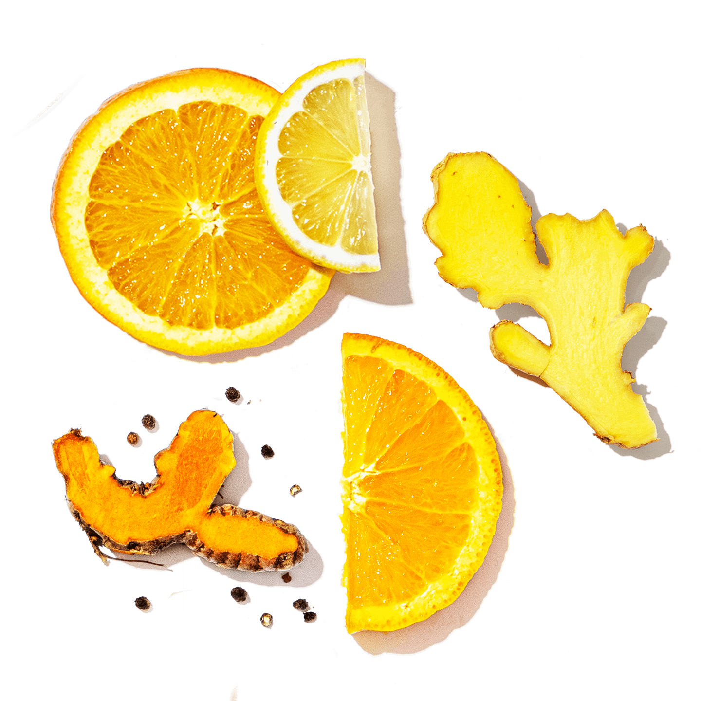 Sliced oranges and ginger root on a transparent background