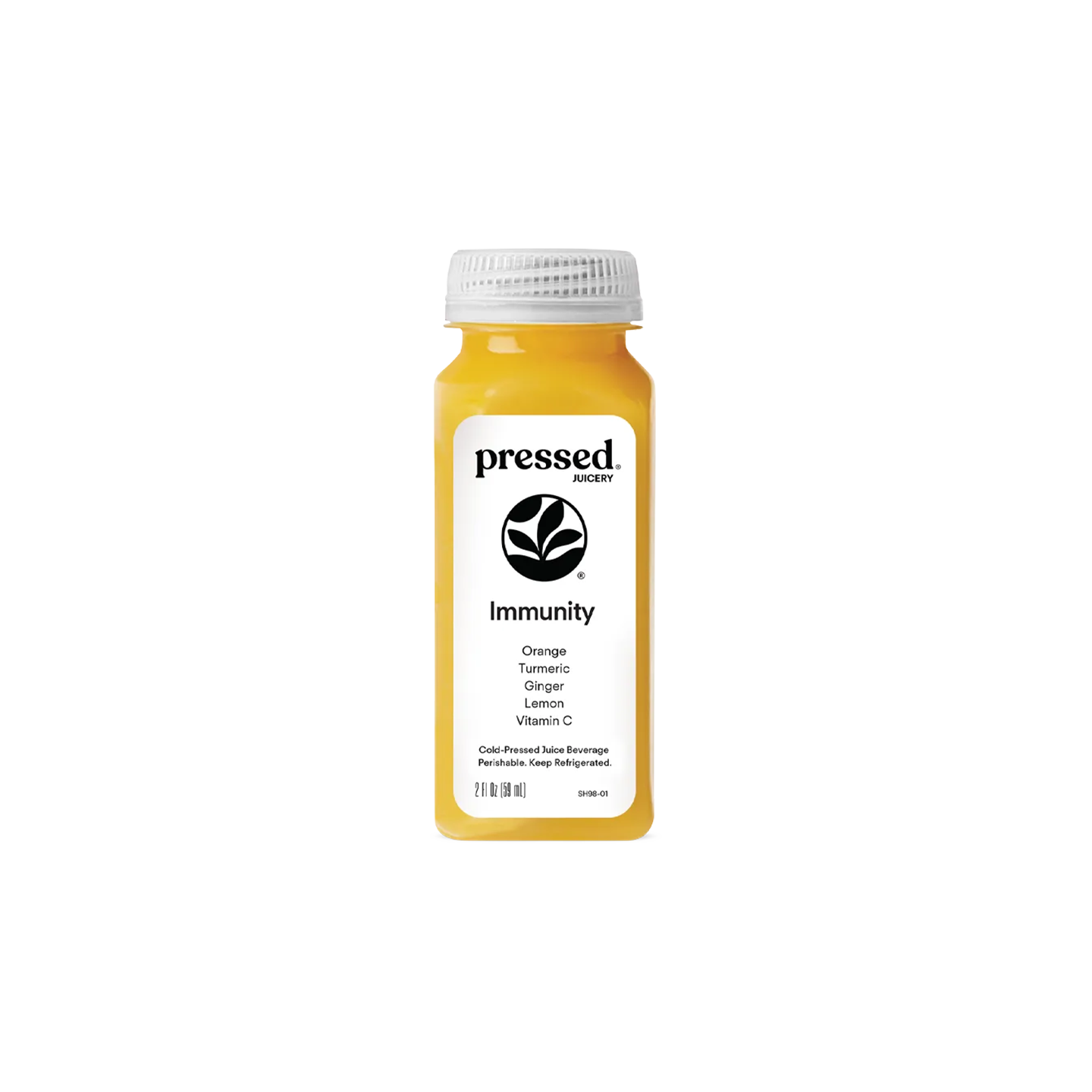 A bottle of Pressed Naturally Immunity drink with orange-yellow liquid, a white label, and a white cap, centered on a plain white background.