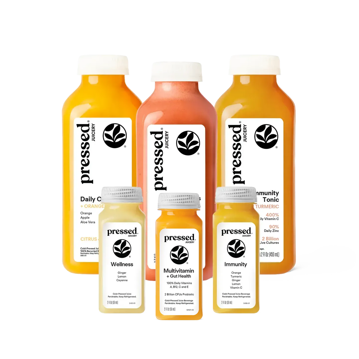 Pressed Juicery Immunity Support Pack arranged on a white background.